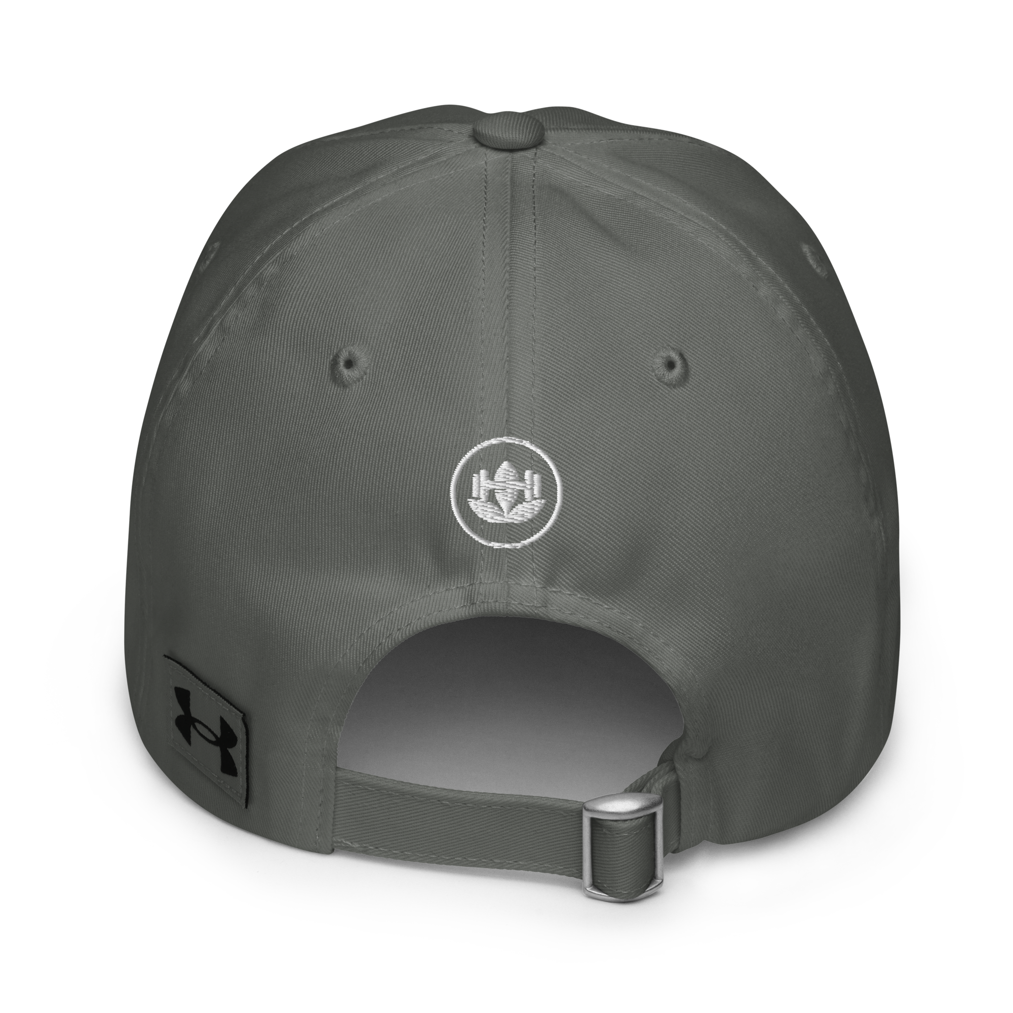 Gray cap with a logo on the back against a white background