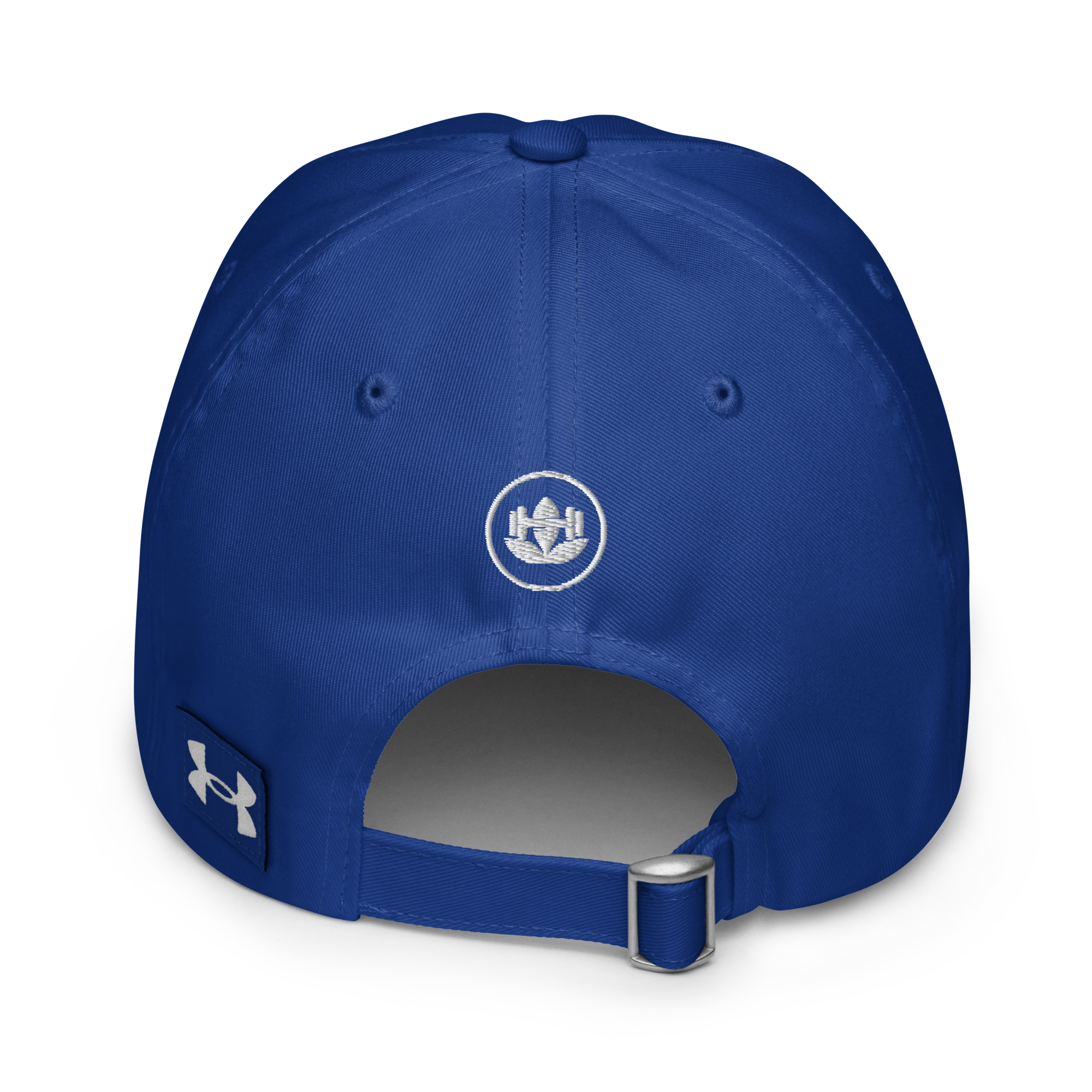 Blue cap with a logo on the back against a white background