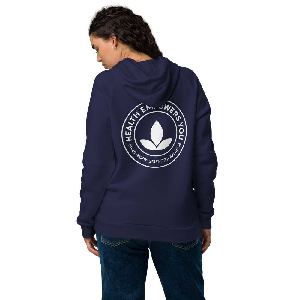 Person wearing a navy hoodie with &