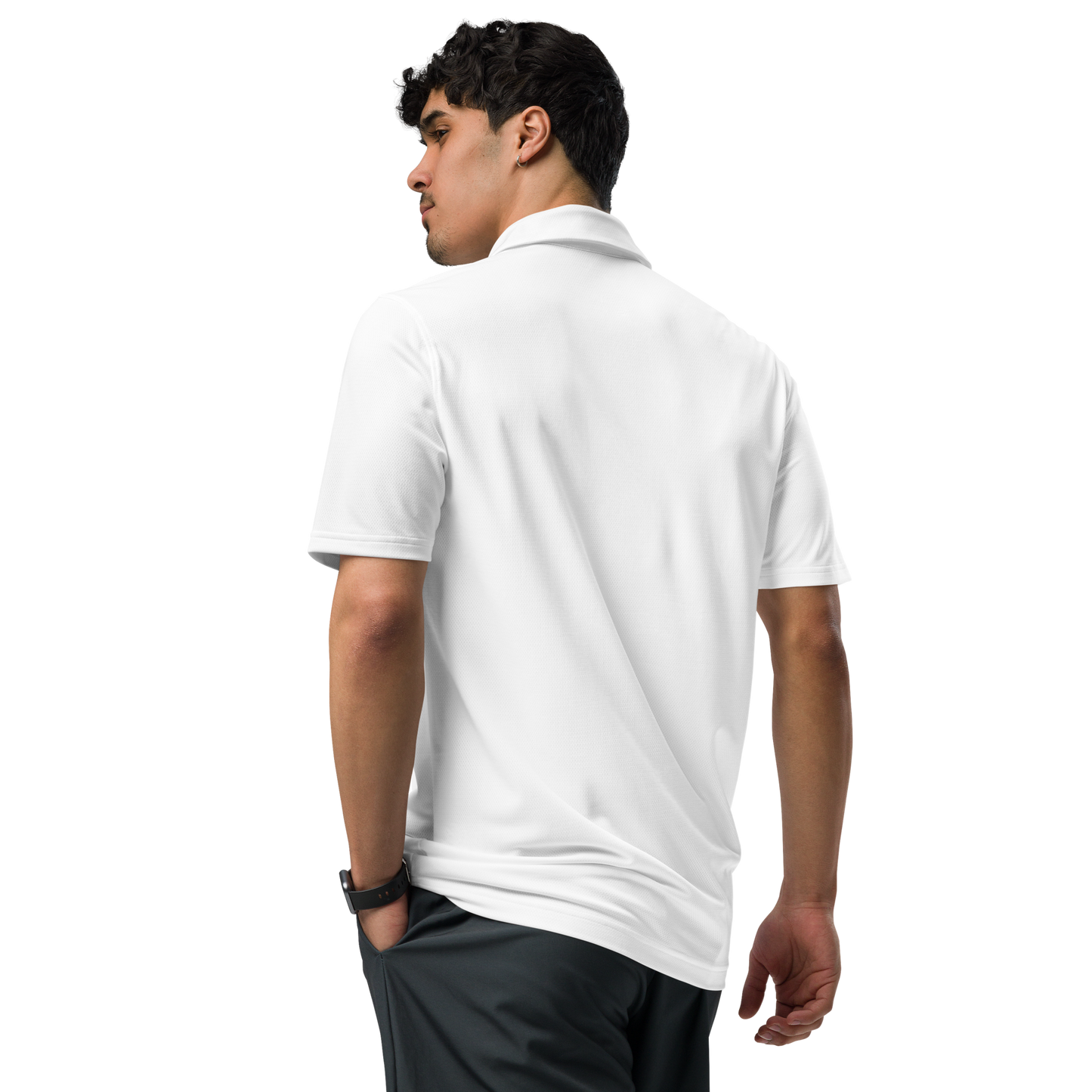 Man wearing a white polo shirt on a white background