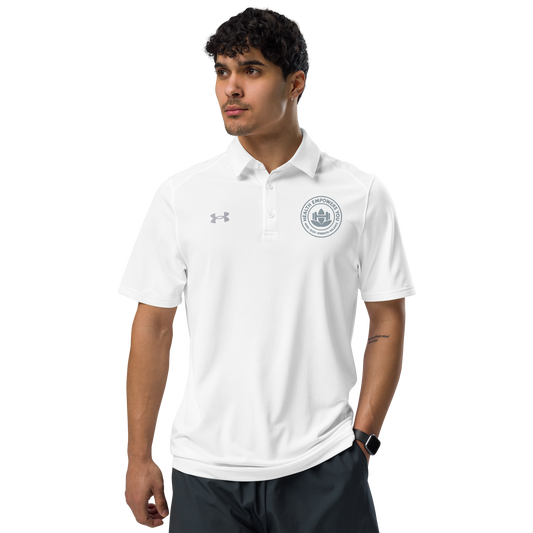 Man wearing a white polo shirt with a logo on a white background