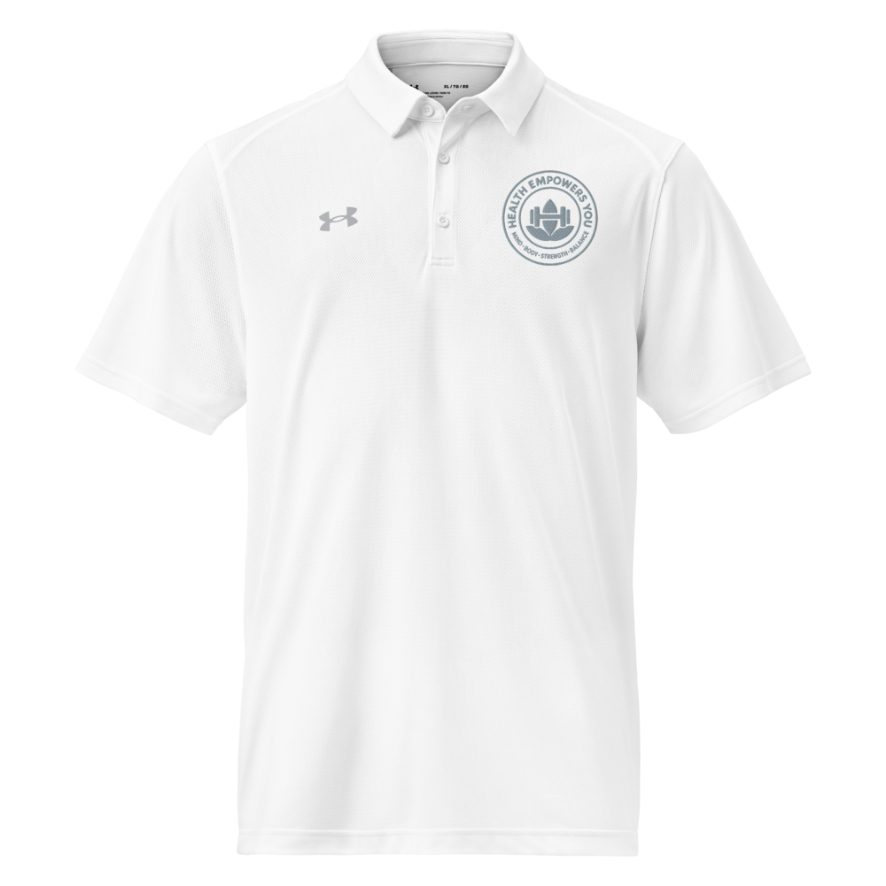 White polo shirt with a logo on a white background