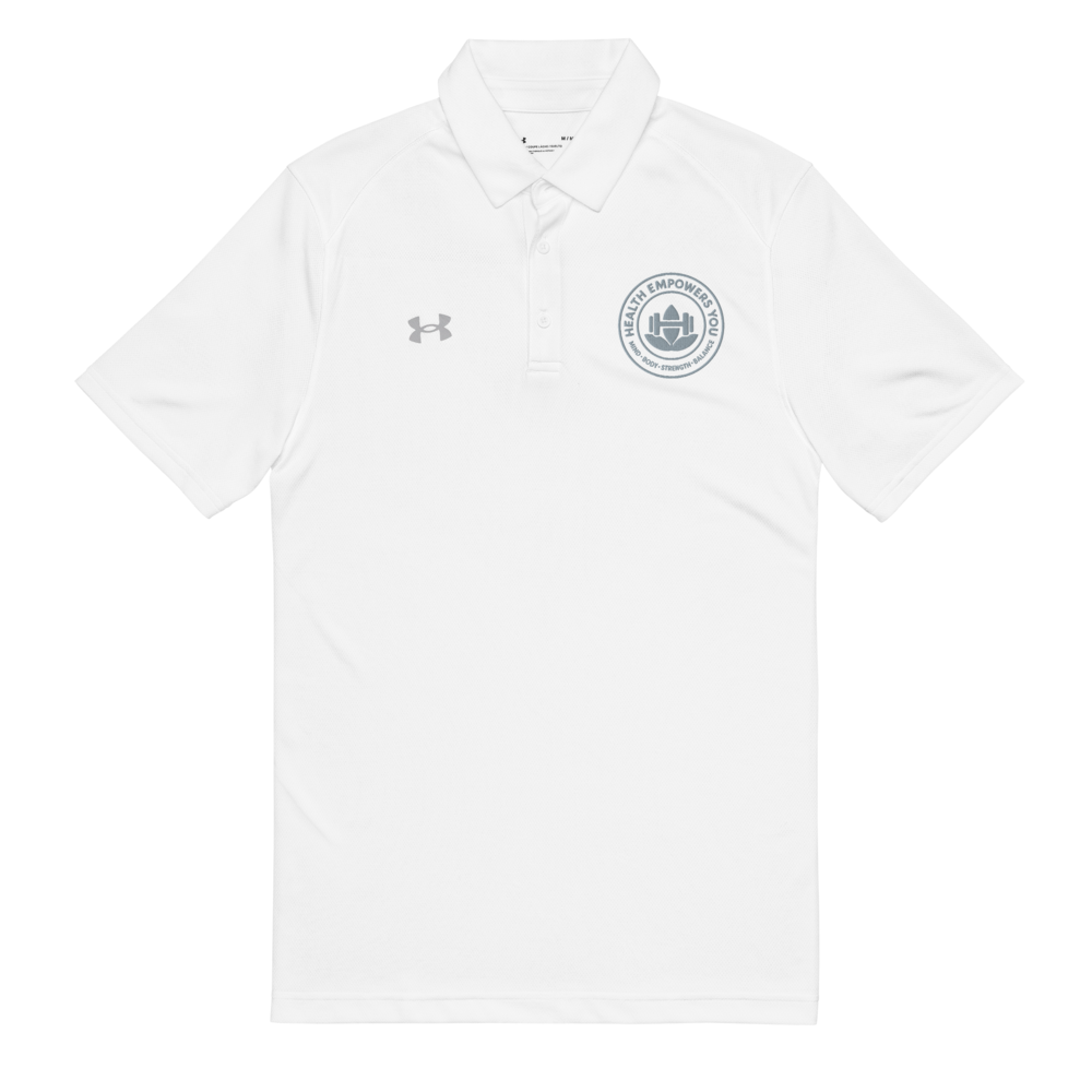 White polo shirt with a logo on a white background