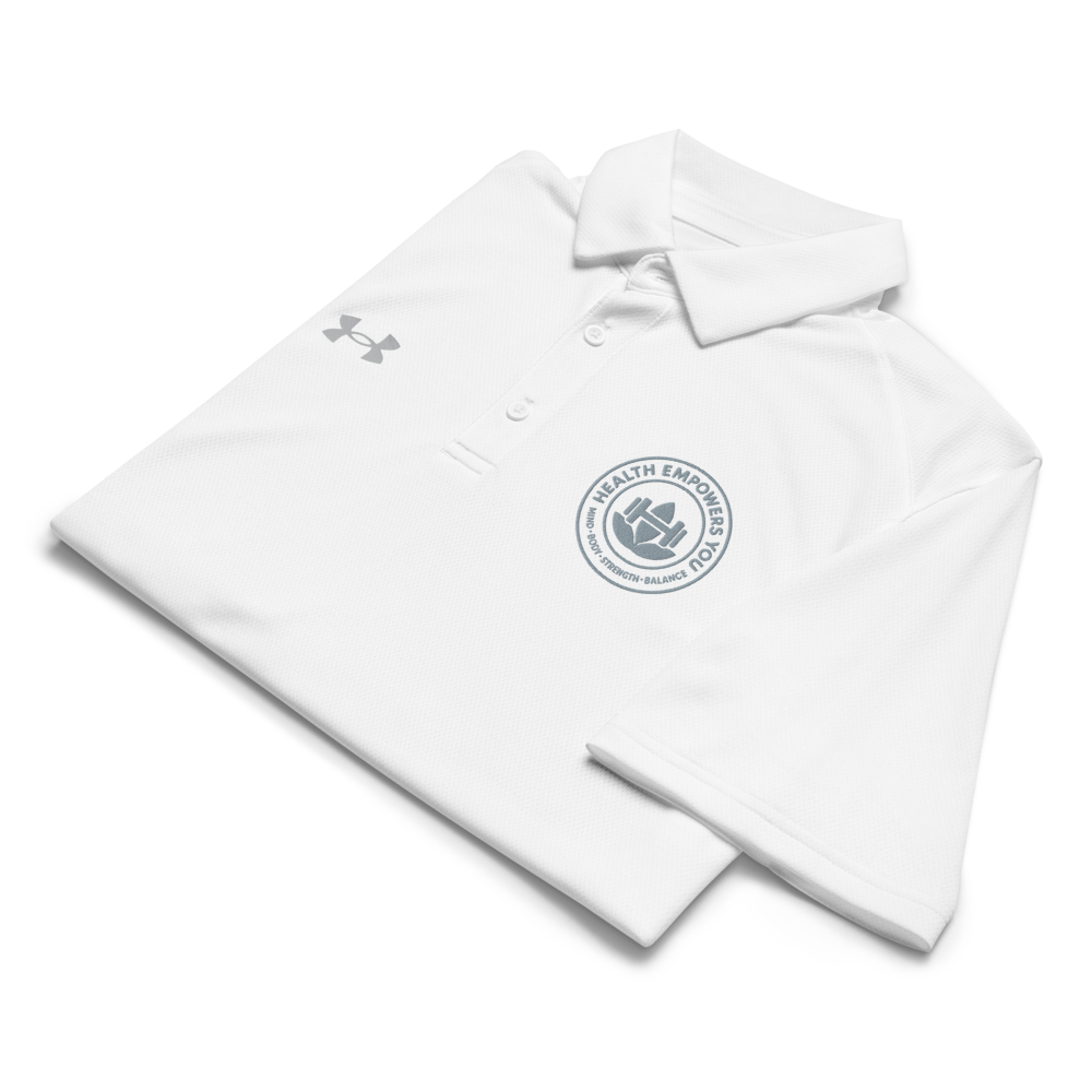 White polo shirt with logos on a white background