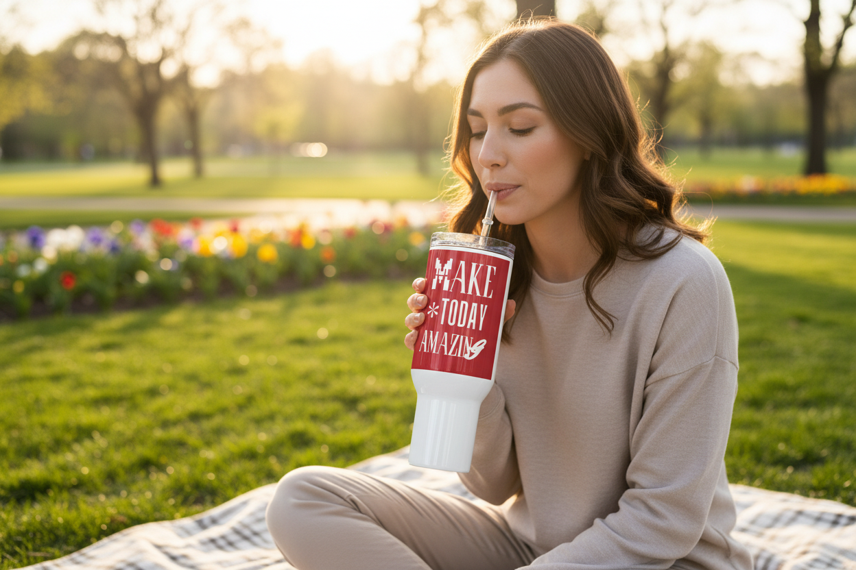 Woman with tumbler - nature setting