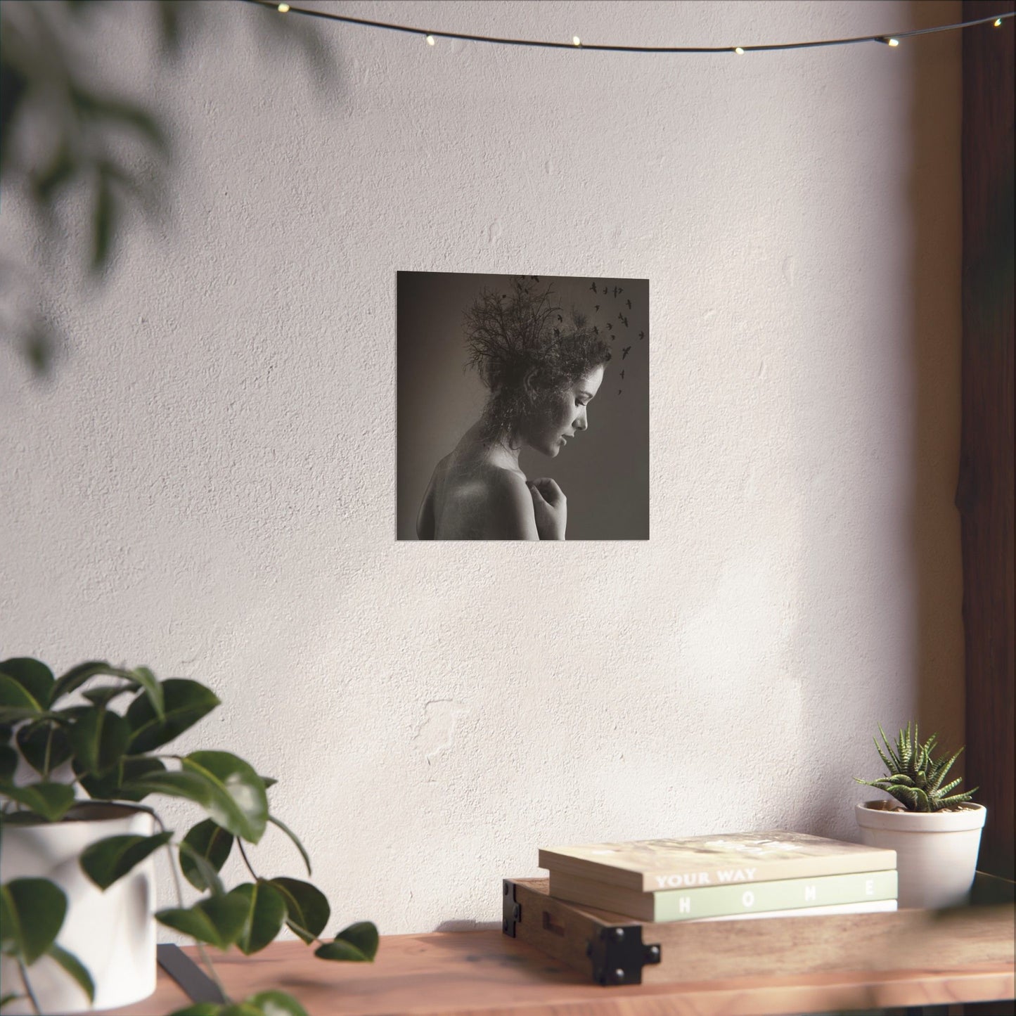 Poster of a woman with a flower crown on a wall above a wooden table with books and plants.