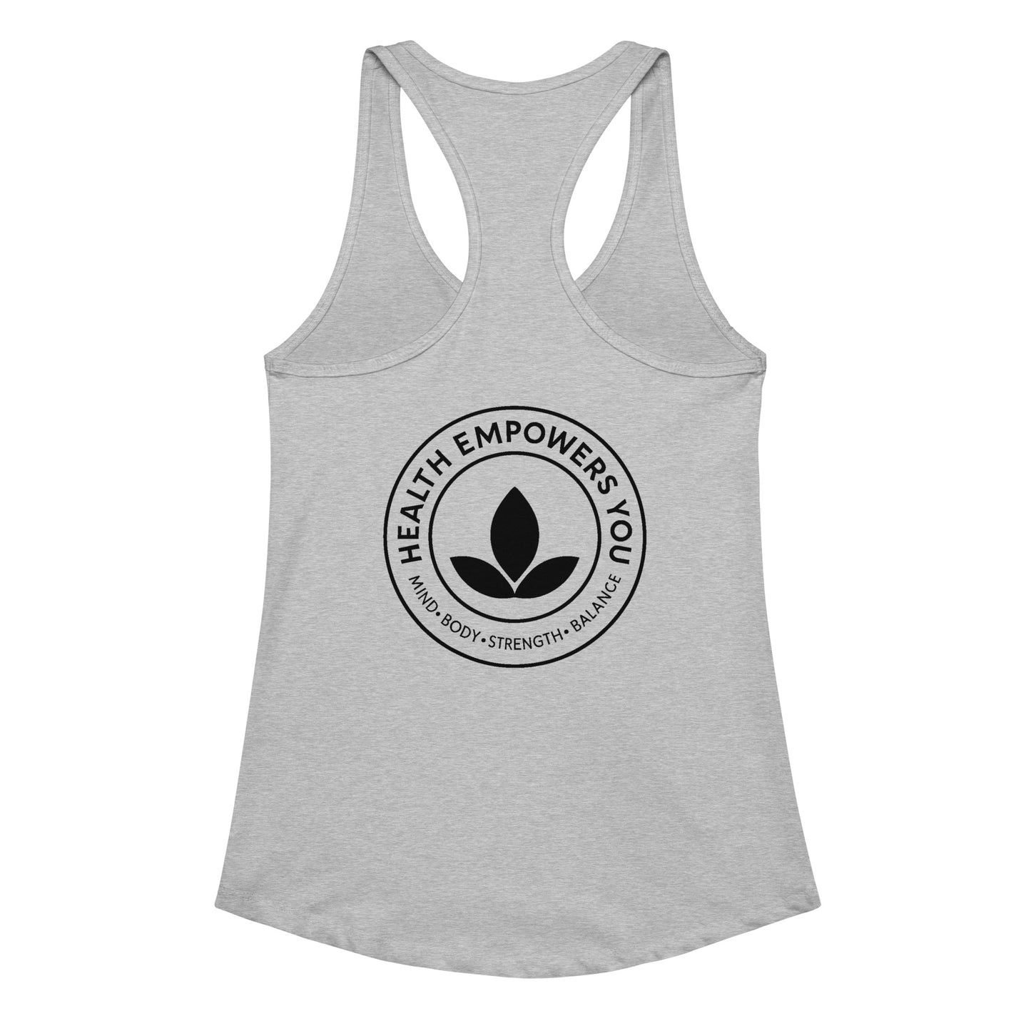 Gray tank top with 'Health Empowers You' logo on a white background