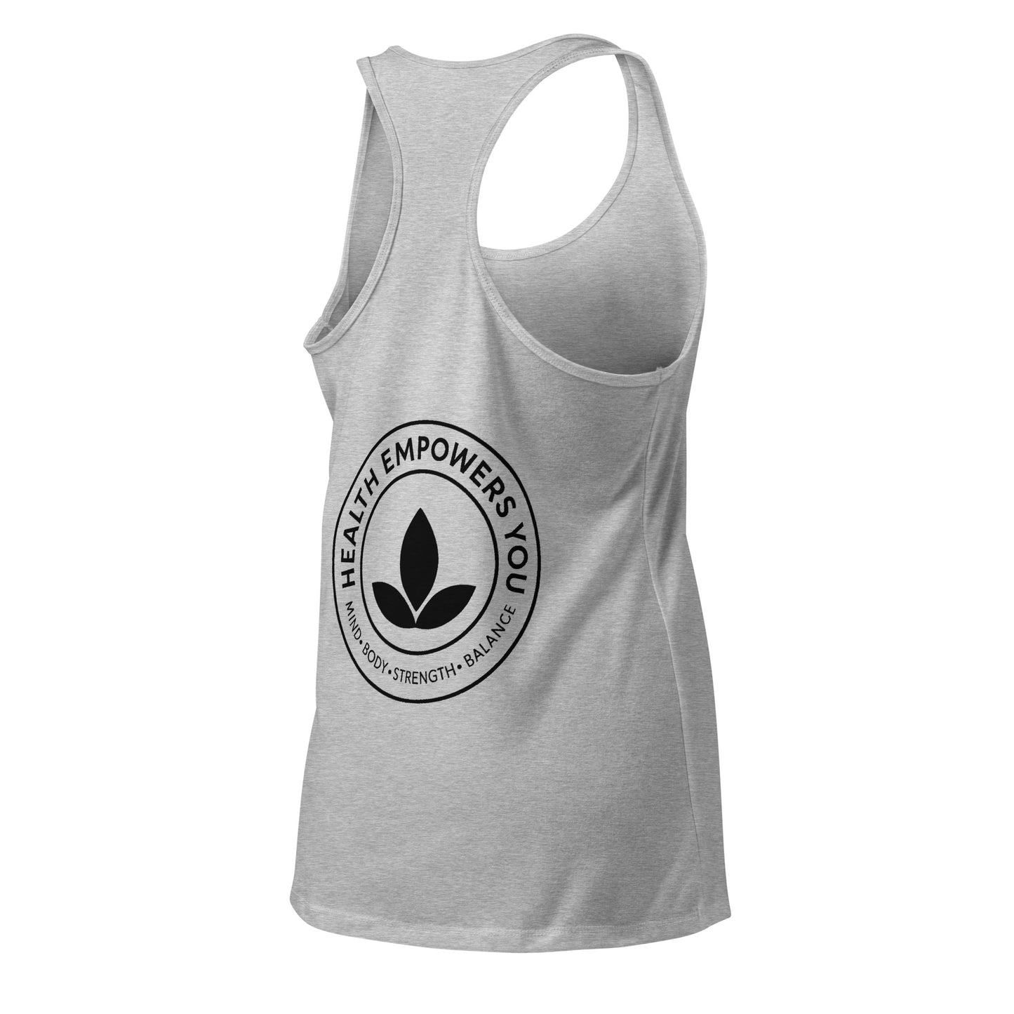 Gray tank top with 'Health Empowers You' logo on a white background