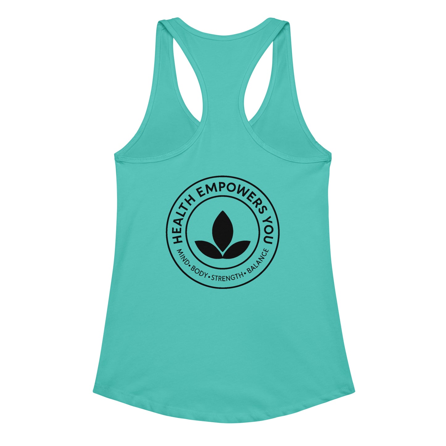Turquoise tank top with a black circular logo and text on a white background