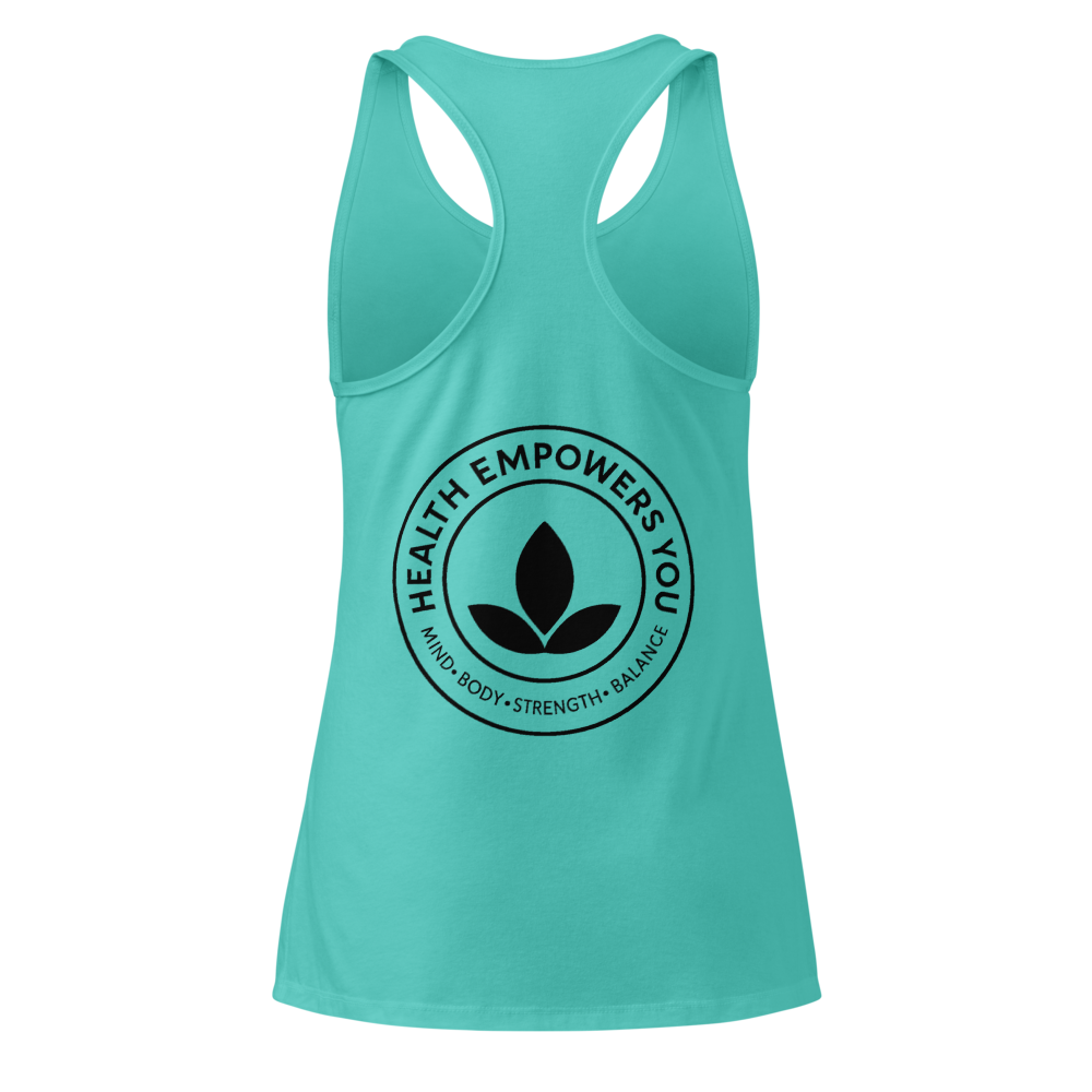 Turquoise tank top with 'Health Empowers You' graphic on a white background