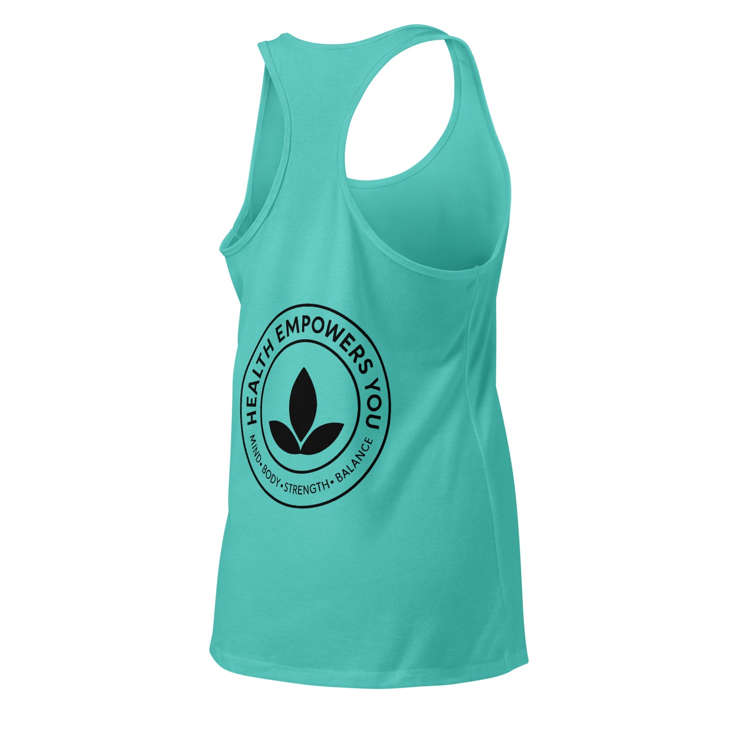 Turquoise tank top with a black circular logo on a white background