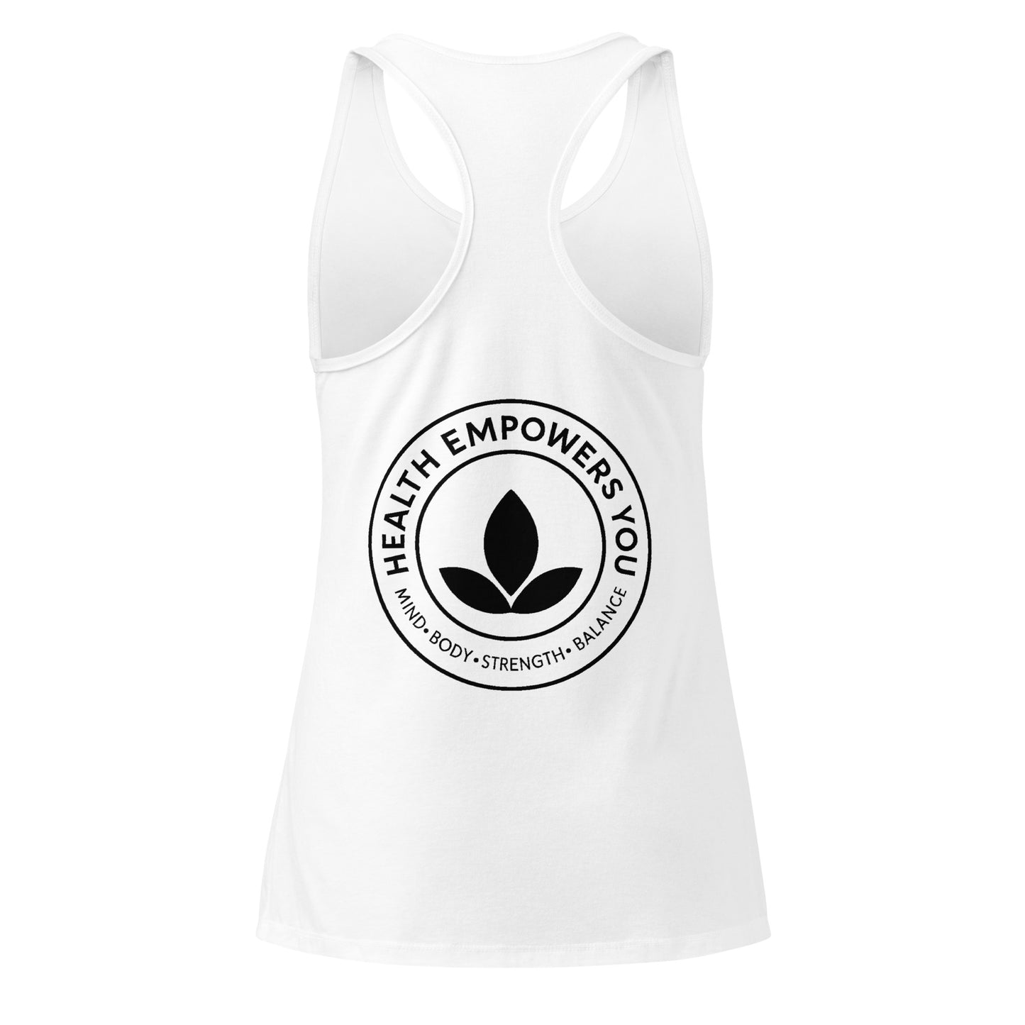 White tank top with 'Health Empowers You' logo on a white background