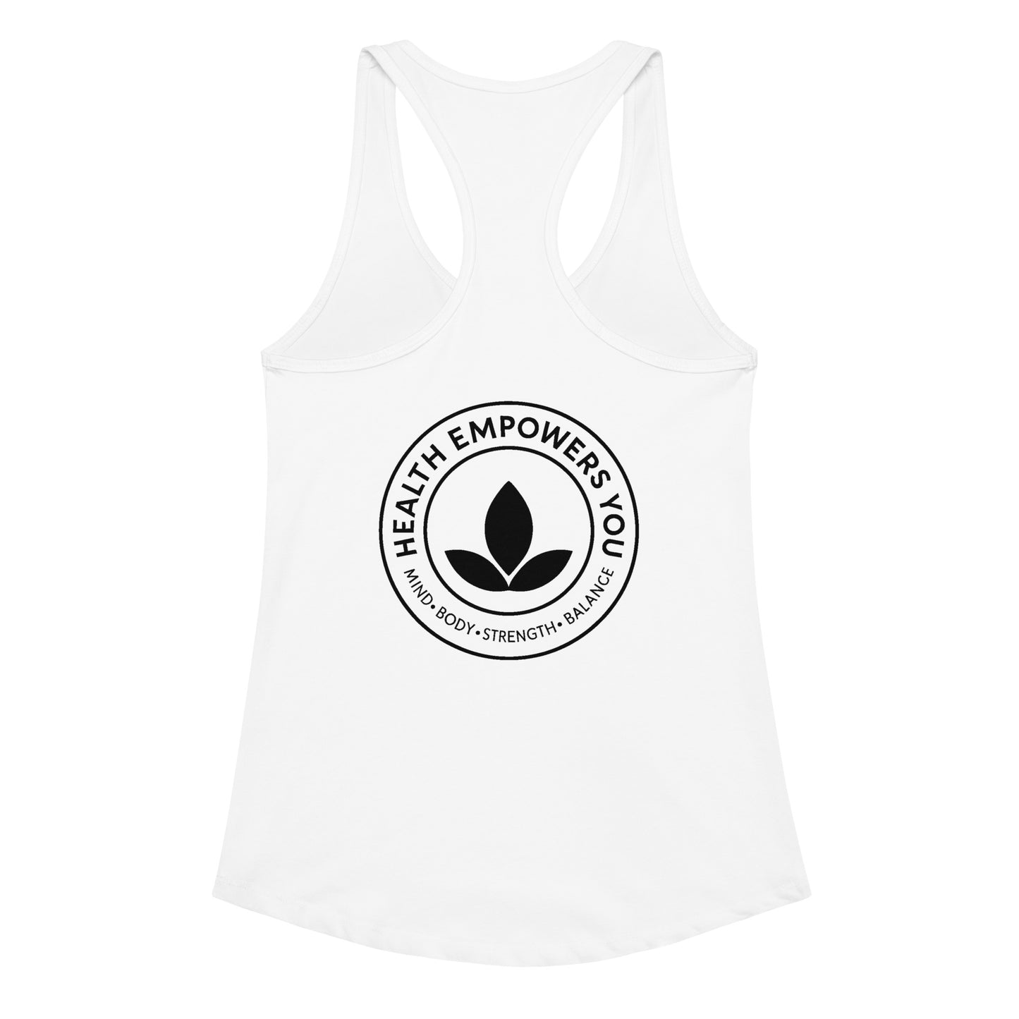 White tank top with 'Health Empowers You' logo on a white background