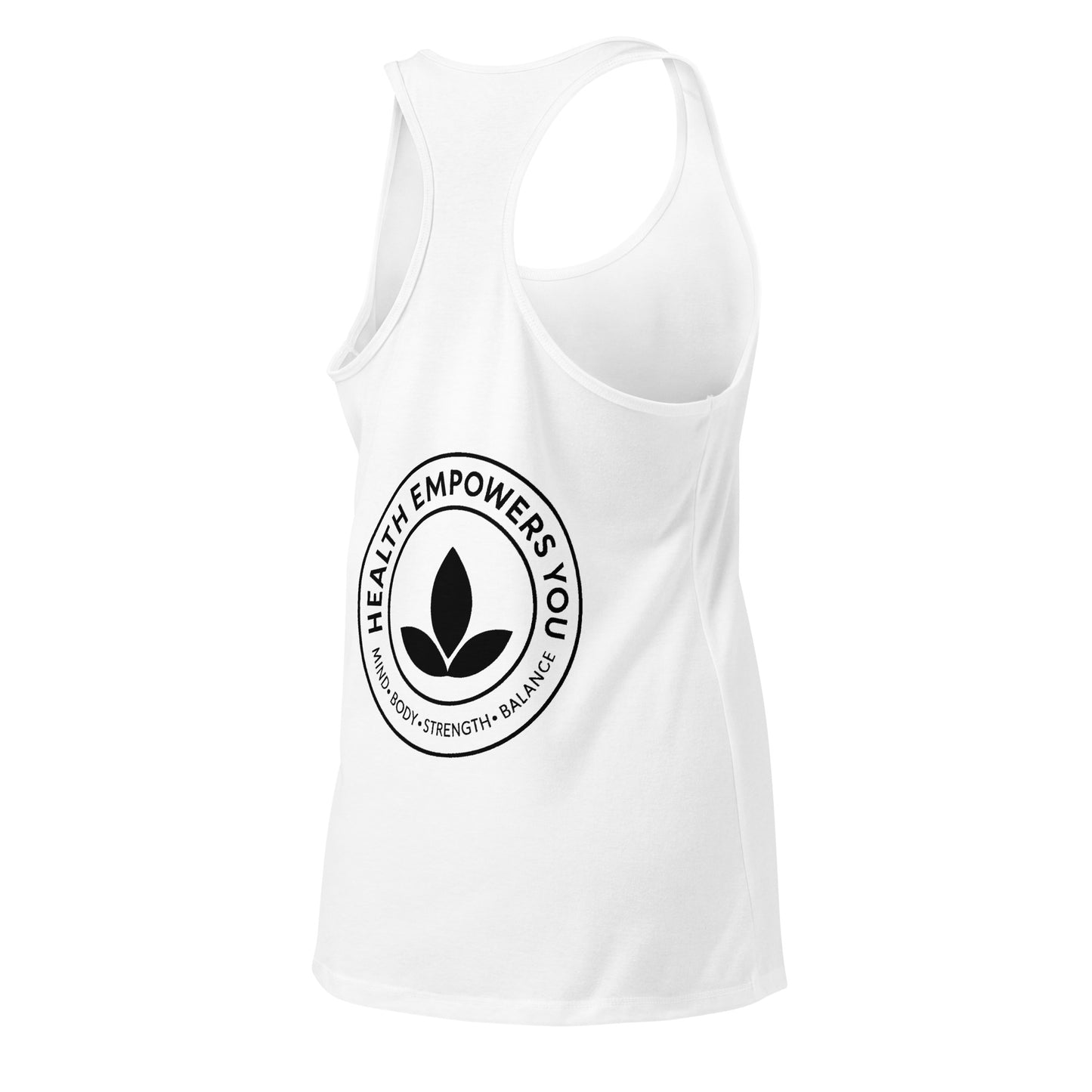 White tank top with 'Health Empowers You' logo on a white background