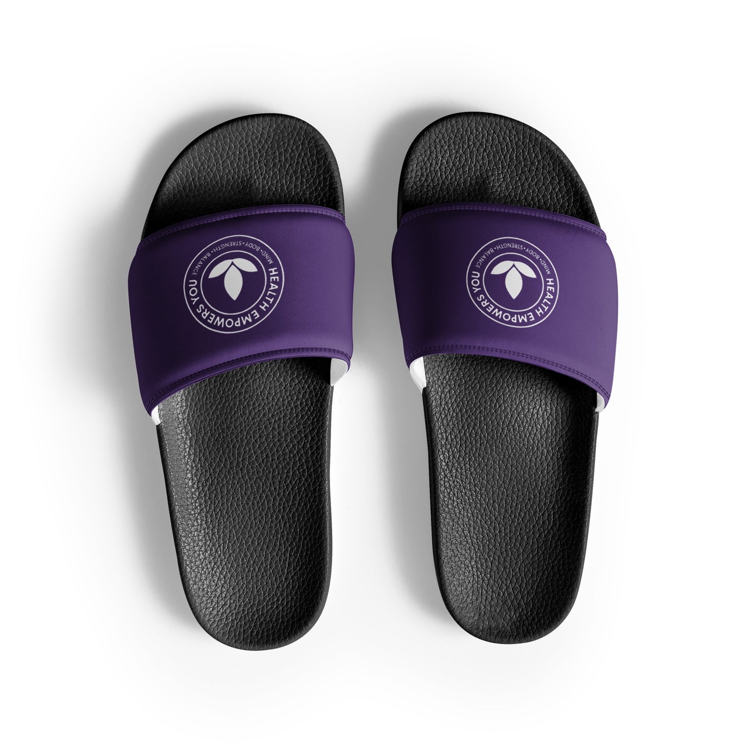 Black slides with purple straps featuring a logo on a white background