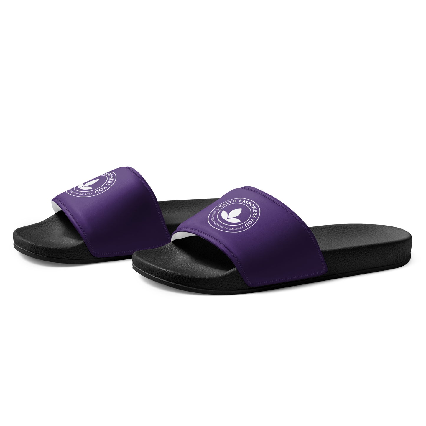 Purple and black slides with a logo on a white background