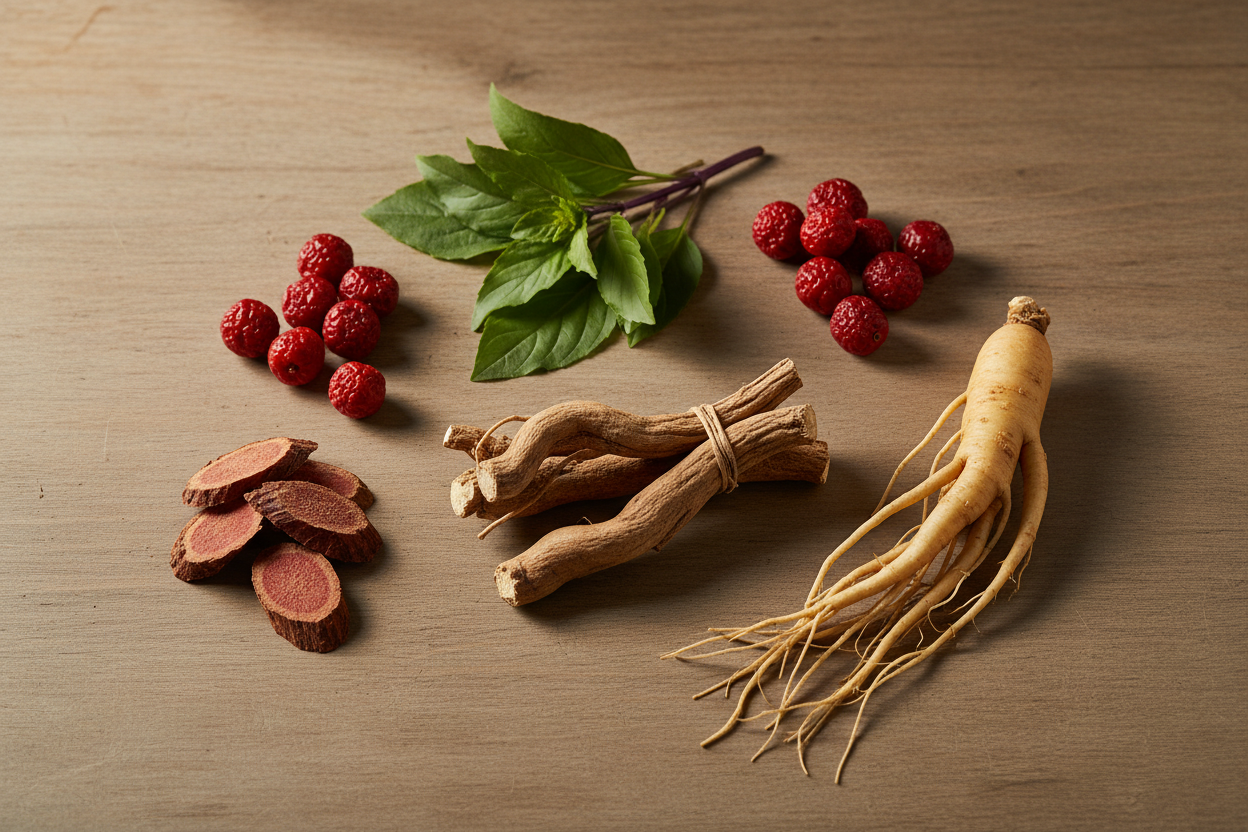 Adaptogenic herbs including ashwagandha root, rhodiola rosea, holy basil, ginseng, and schisandra berries