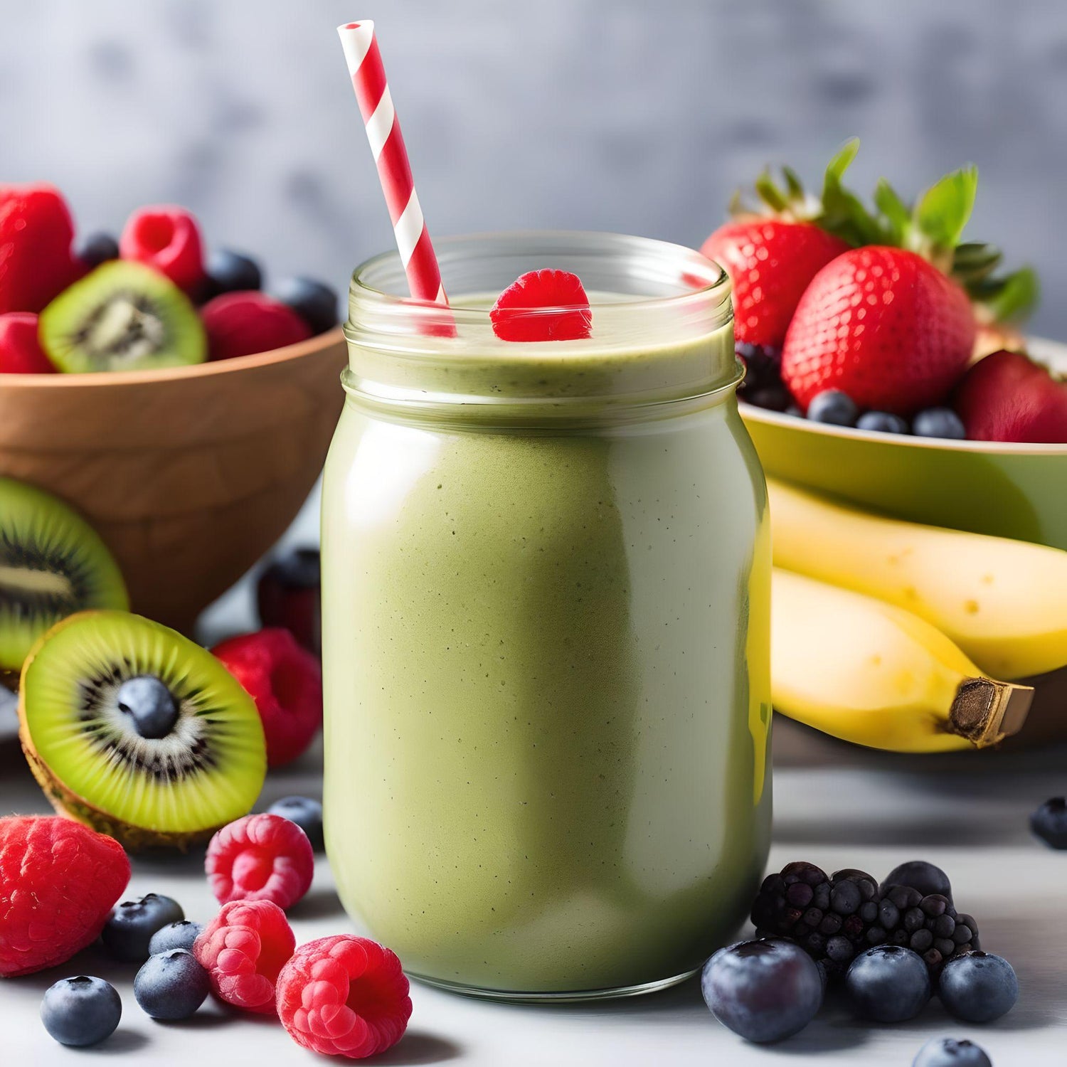 Five healthy morning energy smoothies with fresh berries and bananas for natural energy boost