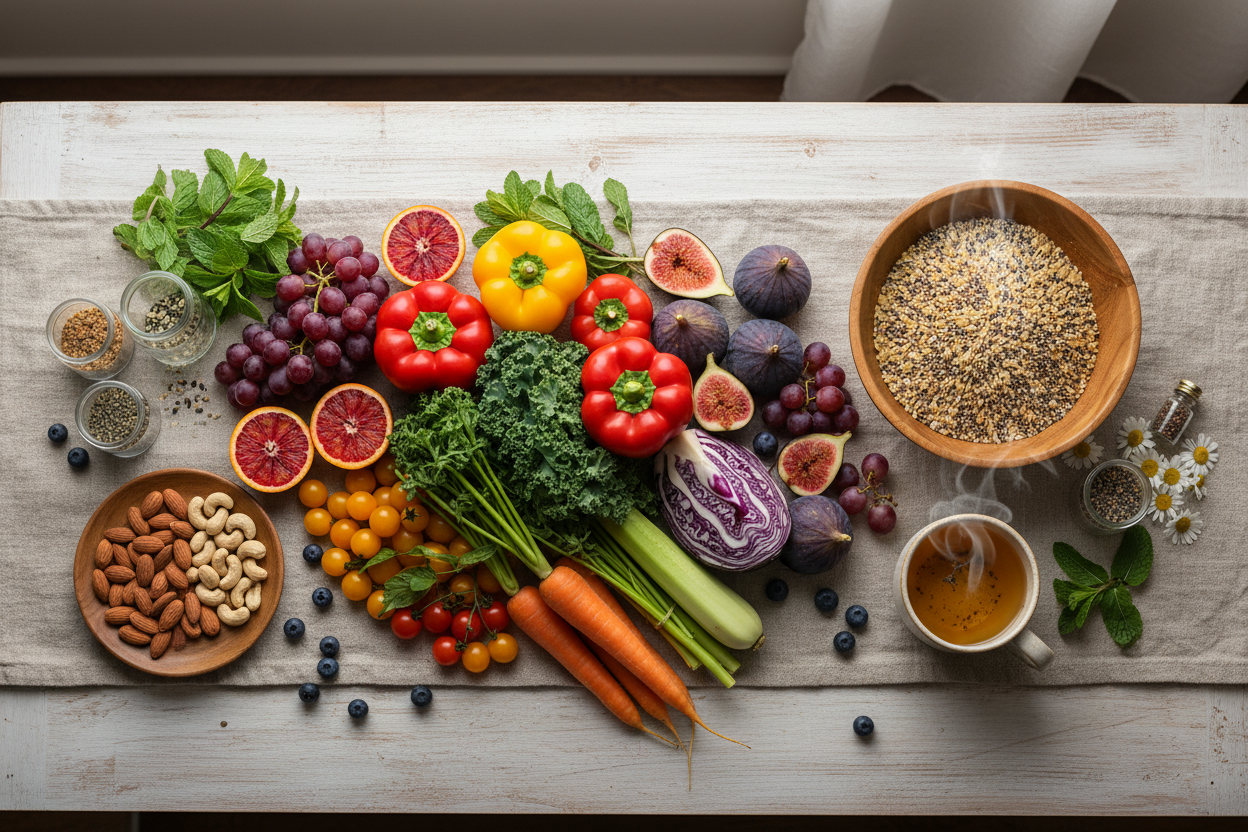 Abundant colorful whole foods including vegetables, fruits, whole grains, nuts, and herbal tea showing nourishment over restriction