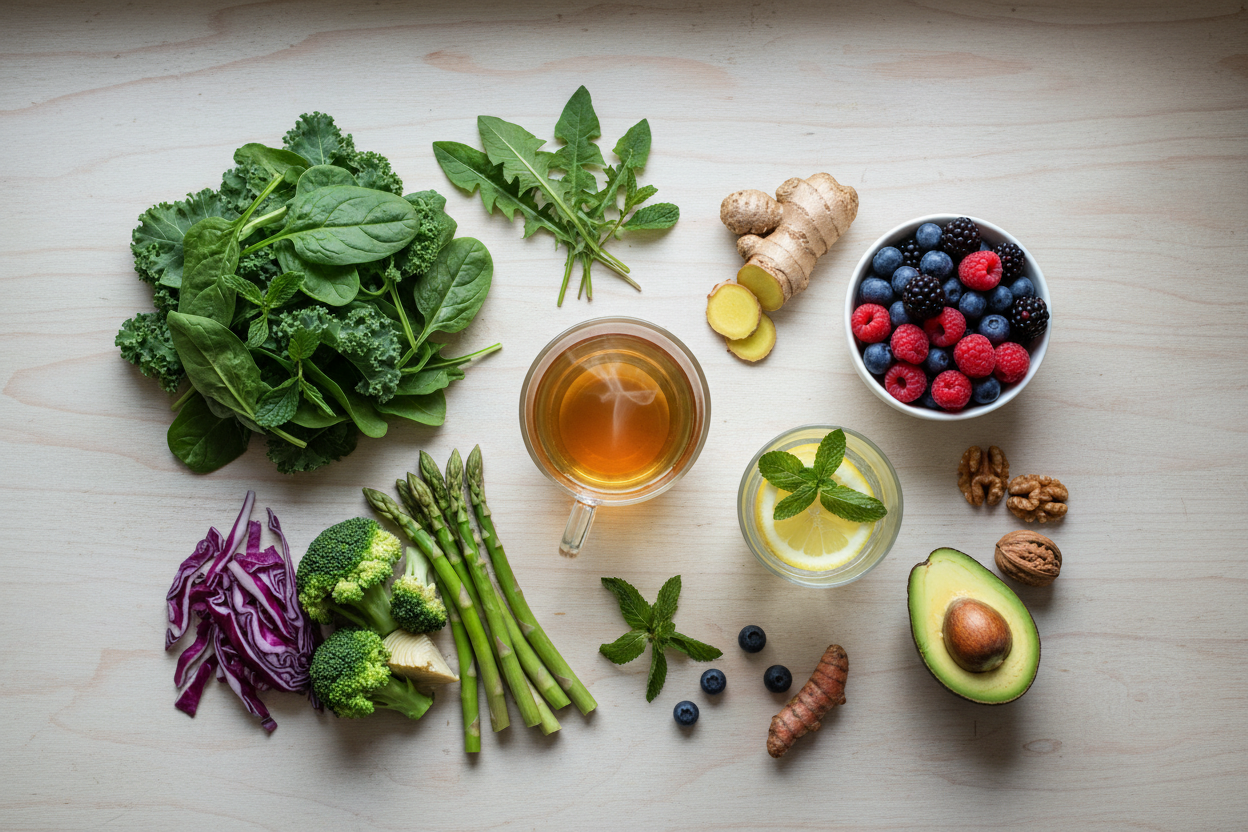 Detox-supporting foods including herbal tea, lemon water, leafy greens, and fresh herbs for gentle natural detoxification