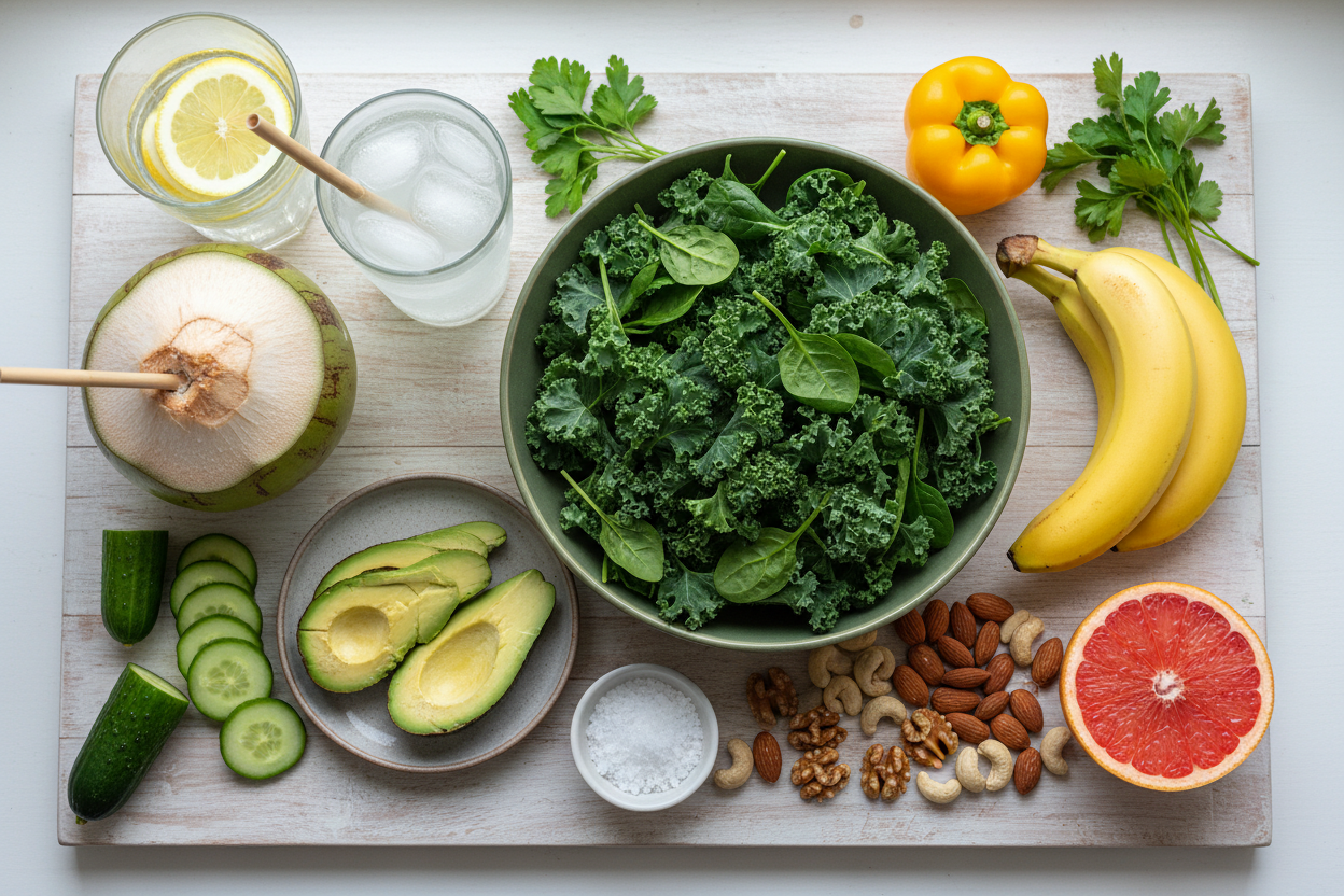 Electrolyte-rich foods including water with lemon, coconut water, leafy greens, avocado, bananas, and sea salt for hydration