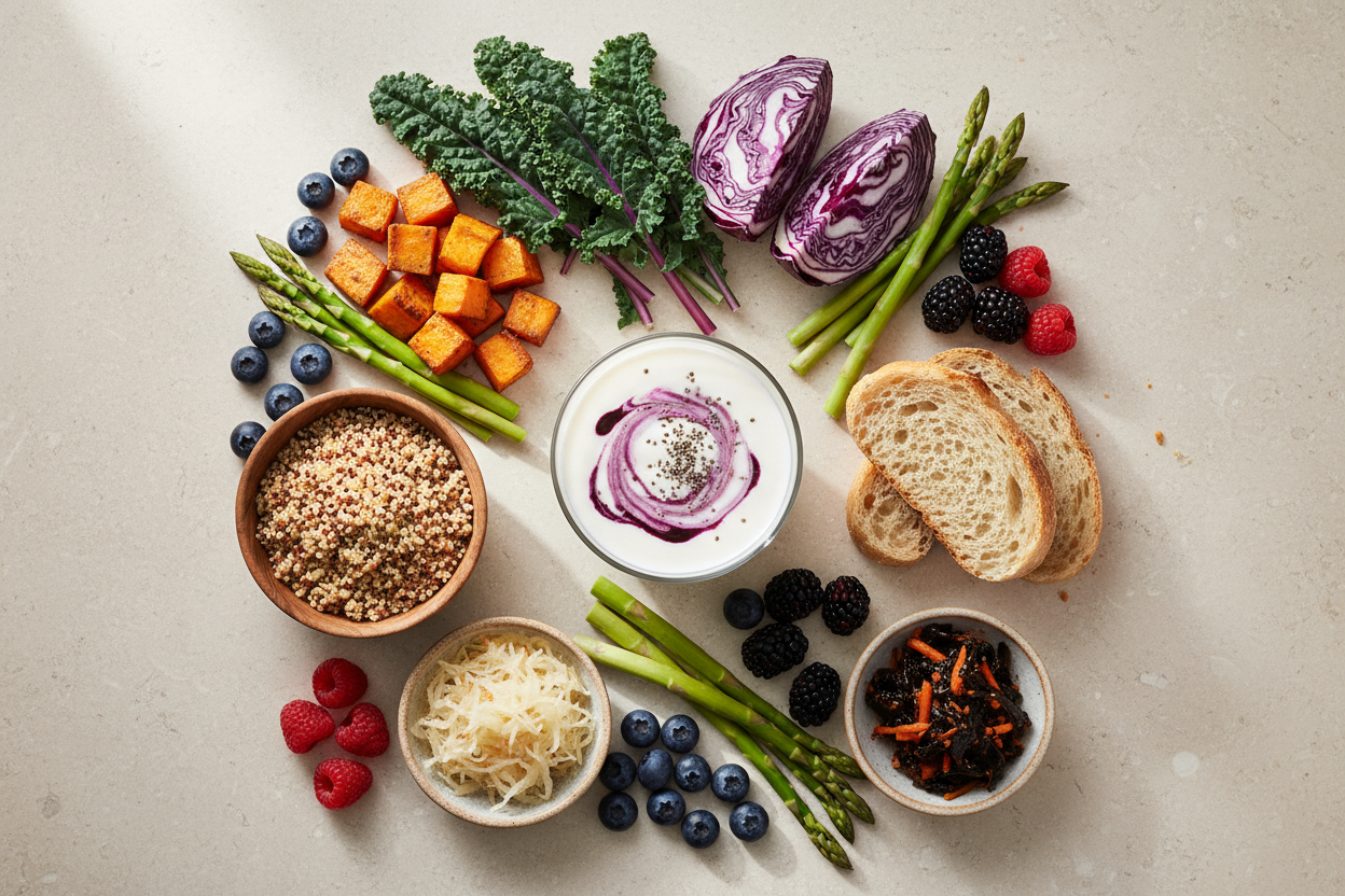 Gut-healthy foods including yogurt, colorful vegetables, whole grains, and fiber-rich foods for digestive wellness