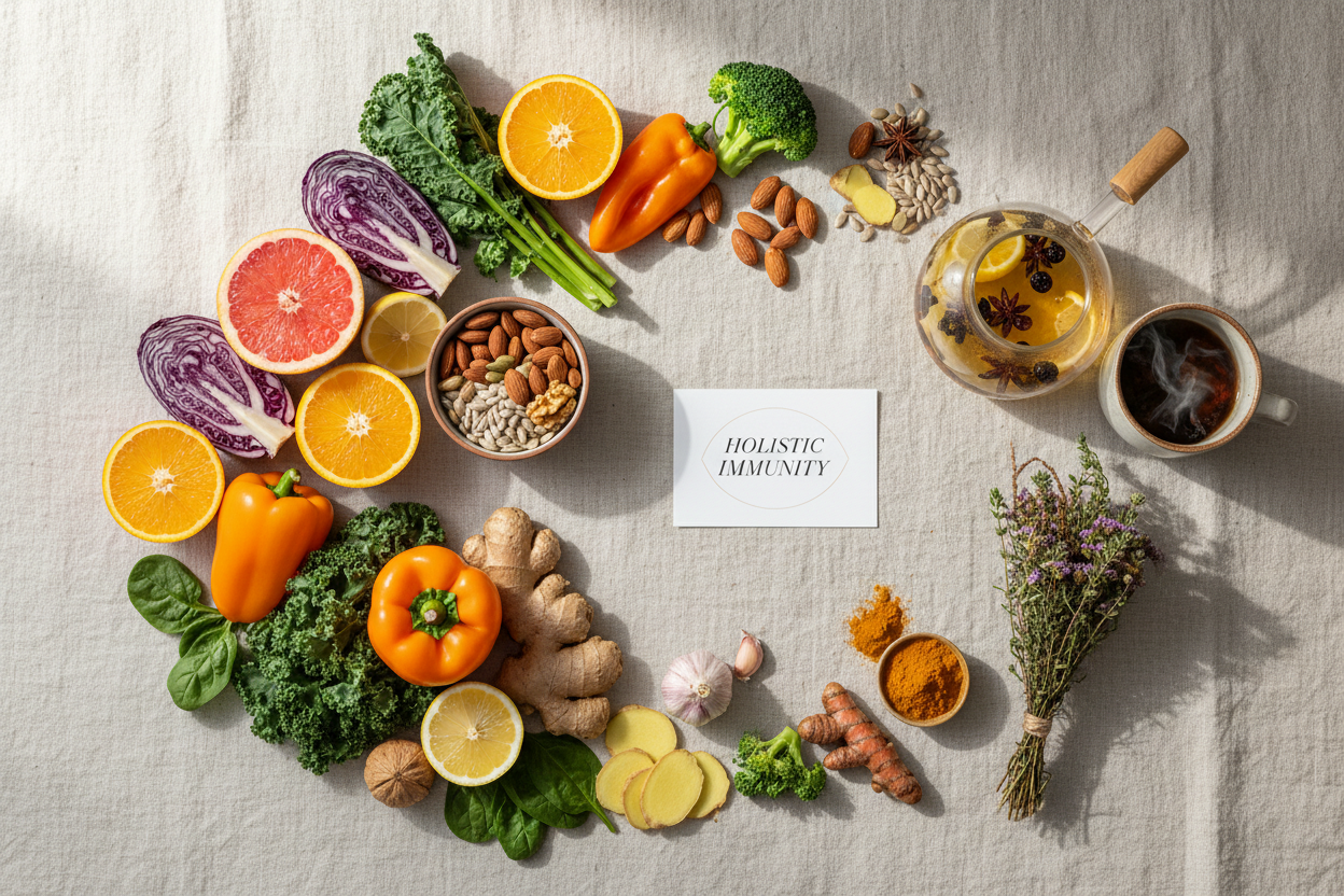 Immune-supporting whole foods including colorful vegetables, citrus fruits, leafy greens, nuts, and herbal tea beyond vitamin C