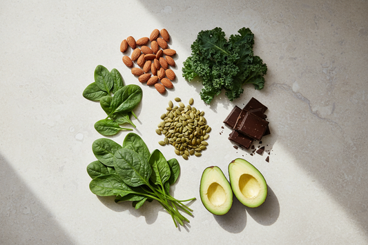 Magnesium-rich foods including leafy greens, nuts, seeds, and dark chocolate arranged on natural surface