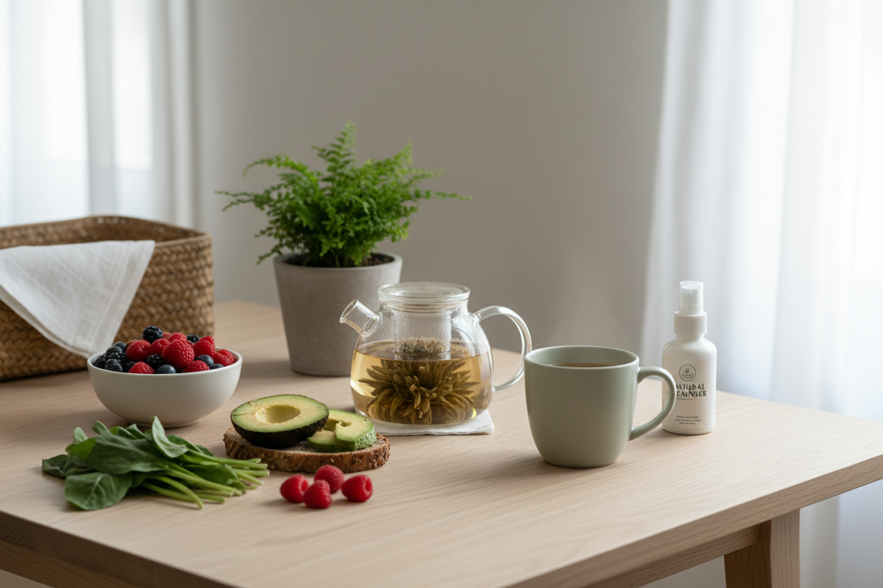 Natural lifestyle elements including whole foods, herbal tea, and plants showing low-toxic living and gentle detox