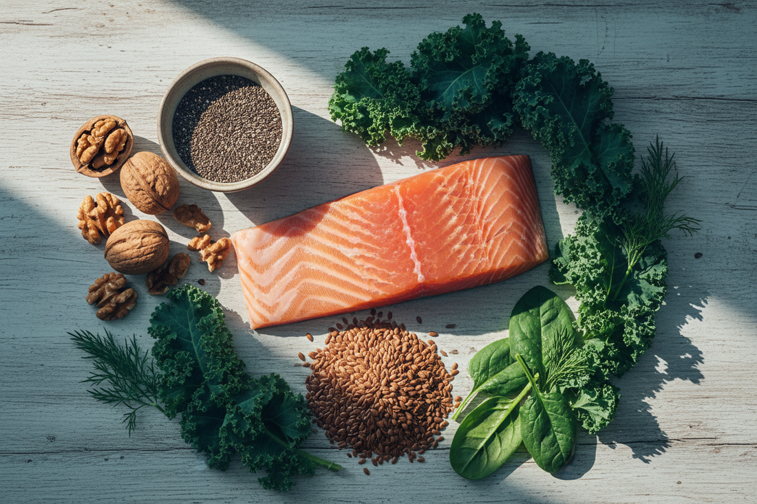 Omega-3 rich foods including salmon, walnuts, chia seeds, and flaxseeds on natural surface