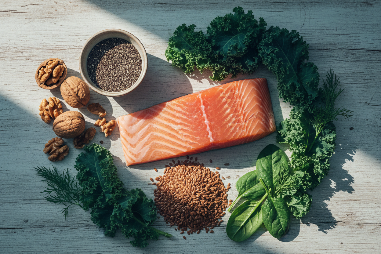 Omega-3 rich foods including salmon, walnuts, chia seeds, and flaxseeds on natural surface