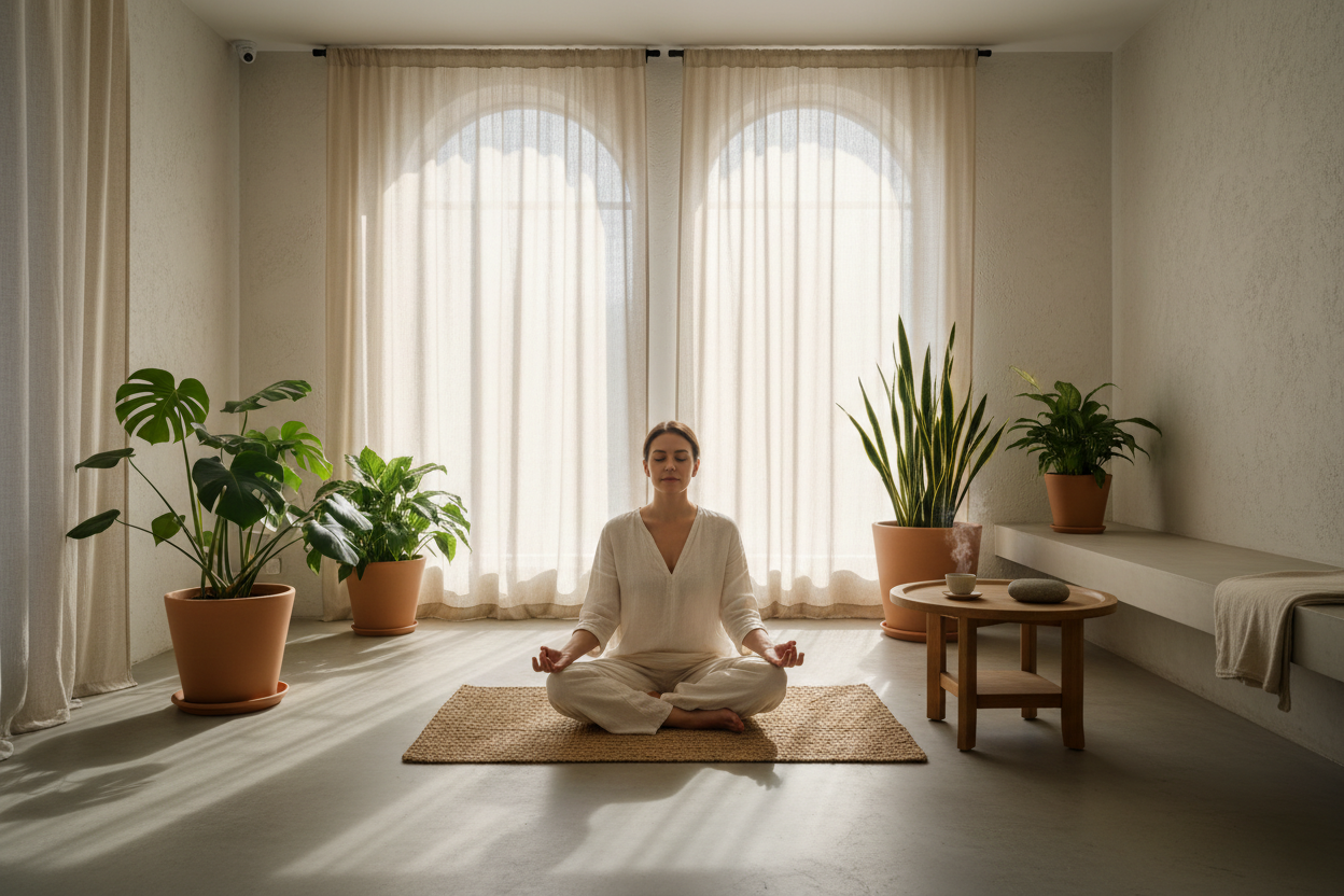 Person meditating peacefully in minimalist spa-inspired wellness space with plants and natural lighting, representing clarity and freedom from health information overwhelm