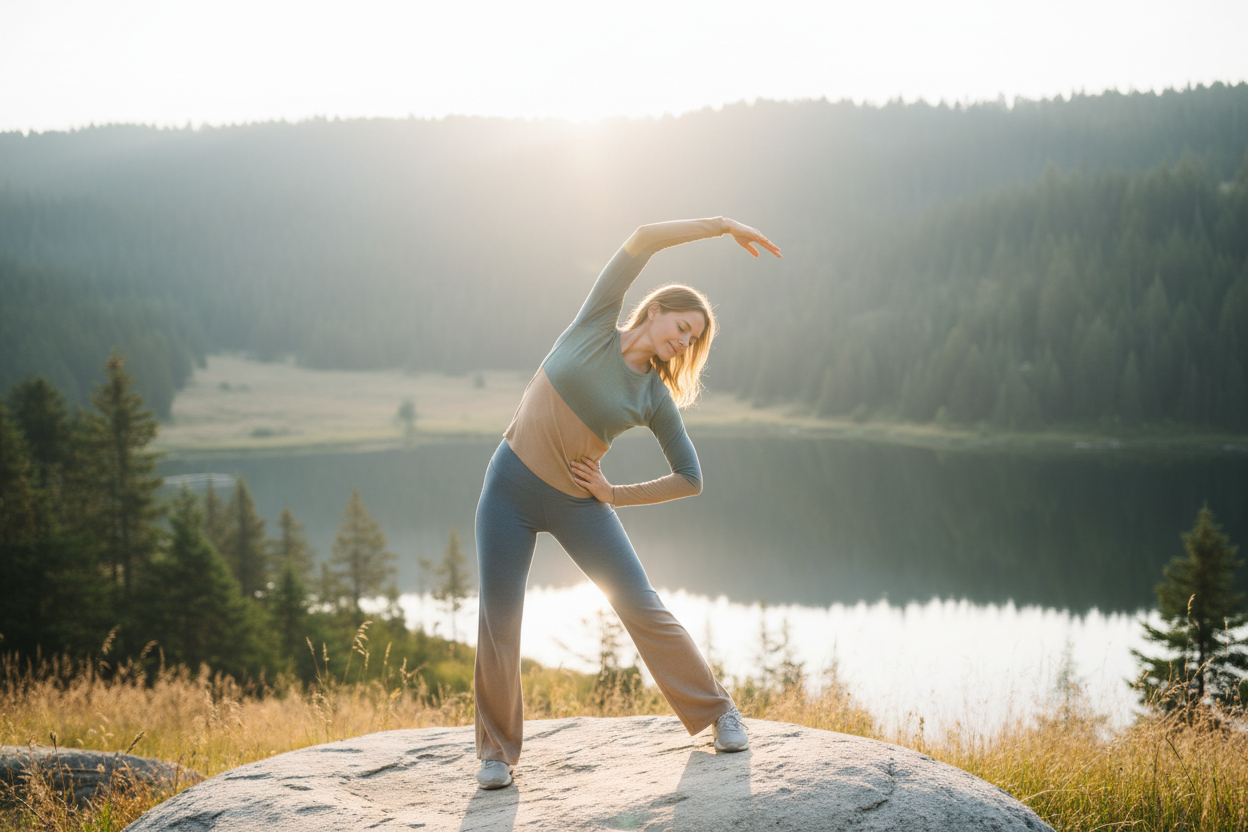 Person doing gentle movement in nature showing sustainable fitness over intensity
