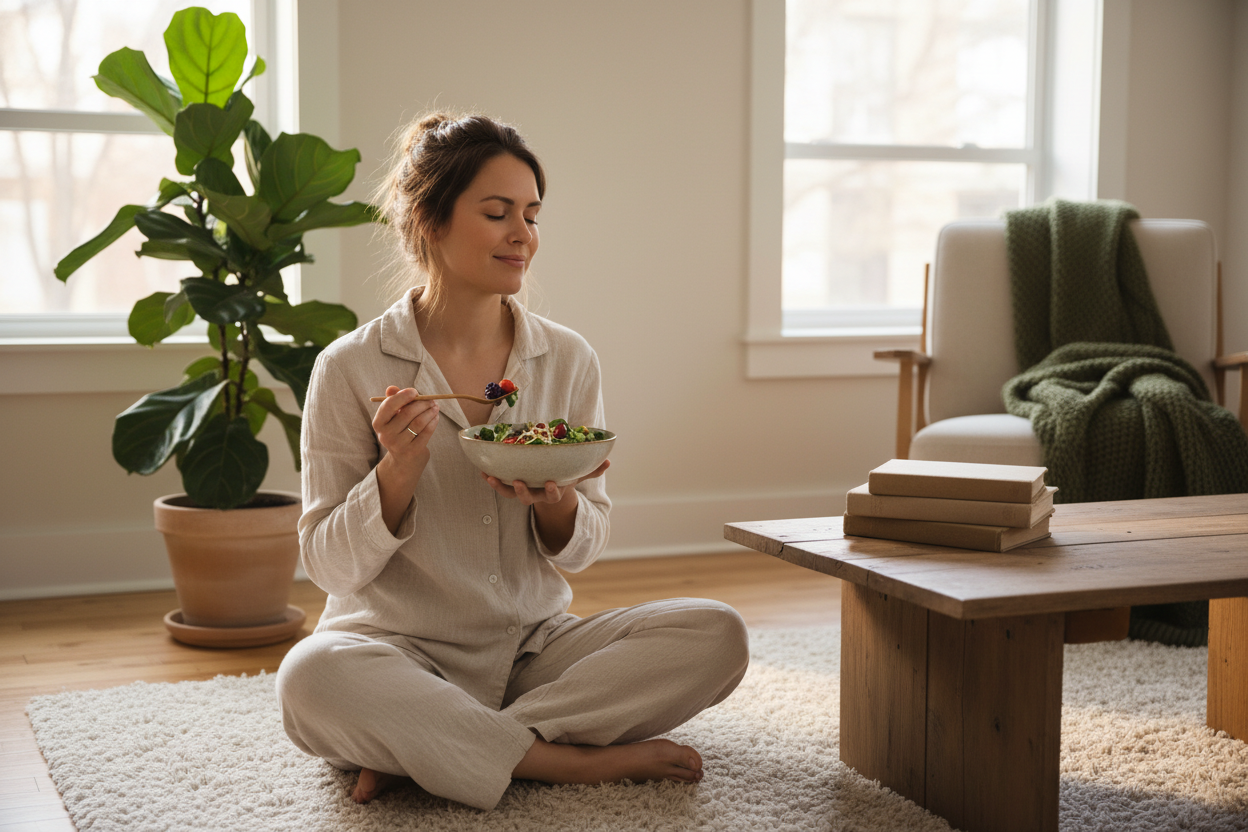 Person in calm natural moment showing health without hustle and wellness that fits real life