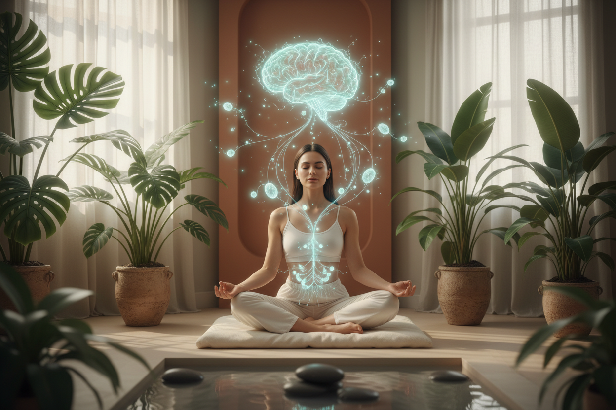 Person in peaceful meditation showing gut-brain connection with natural elements, plants and soft lighting representing mind-body wellness