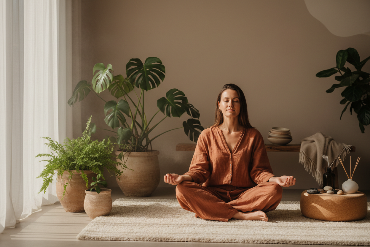 Person in peaceful contemplation during life transition surrounded by soft natural light and plants showing support and compassion through change