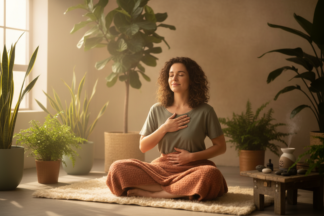 Person in stress relief moment with hand on chest showing mind-body connection and chronic stress impact on whole body