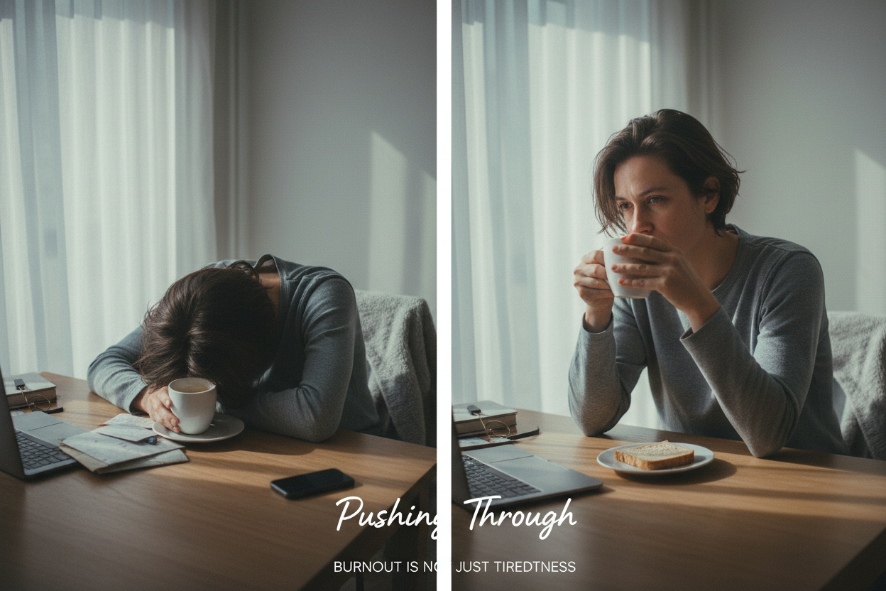 Person looking exhausted with coffee showing chronic fatigue and burnout beyond normal tiredness