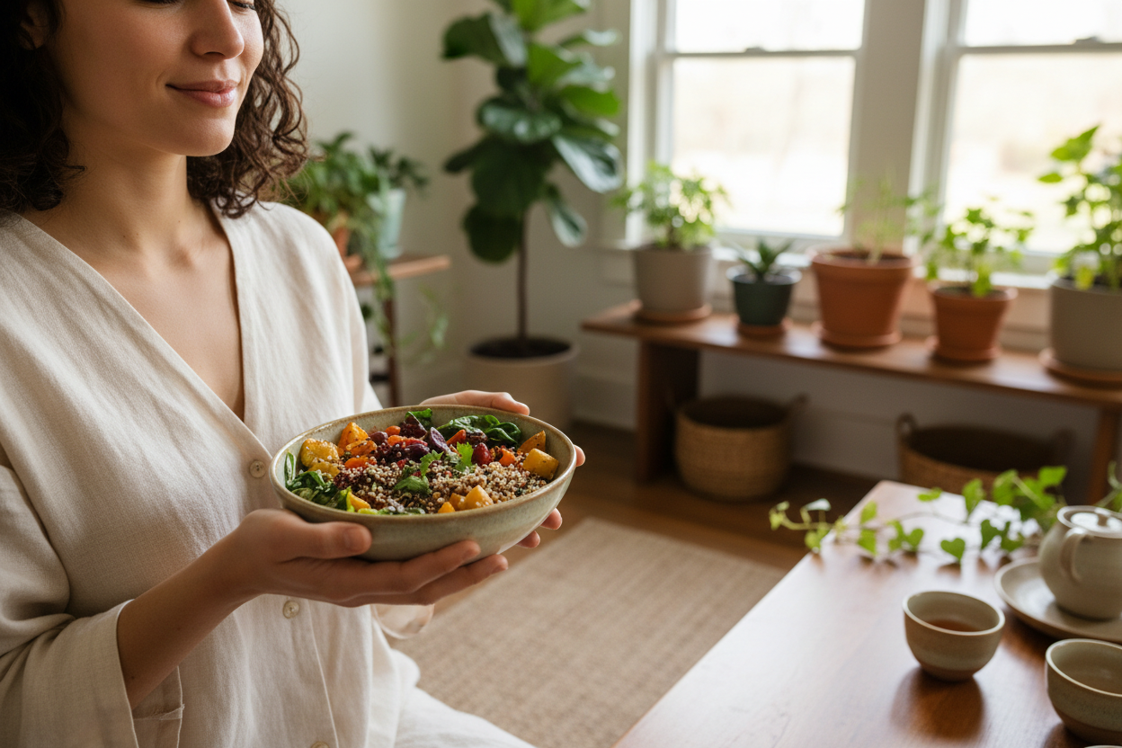 Person mindfully holding bowl of nourishing food in peaceful light-filled space with plants, representing listening to body signals and intuitive eating