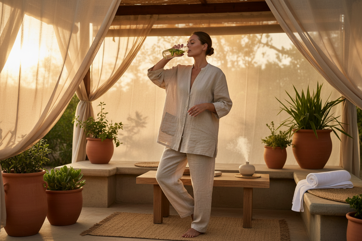 Person staying cool and balanced in summer heat with hand on forehead showing impact on hormones and energy