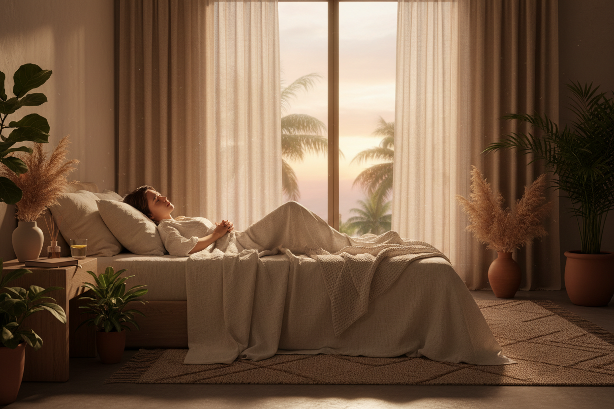 Person struggling to sleep during summer with bright evening light streaming through window showing sleep disruption