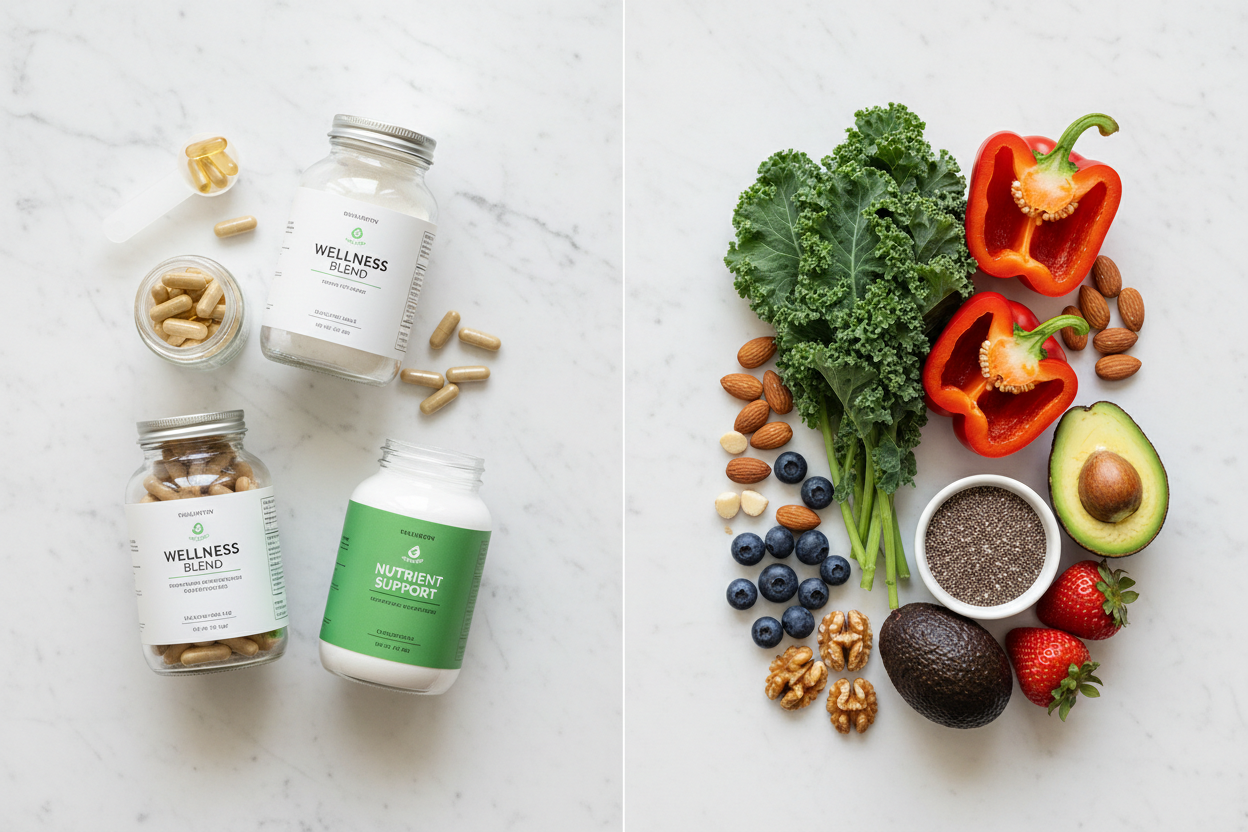 Supplements and whole foods side by side showing balanced approach to nutrition and wellness