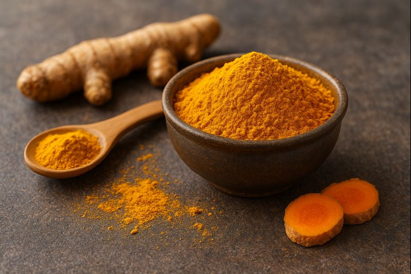 turmeric in a bowl with a wooden spoon and turmeric around the bowl 