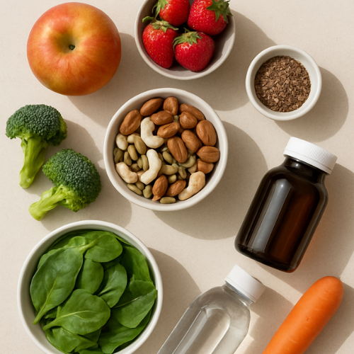 whole foods - apple, strawberry, broccoli, spinach, carrot 