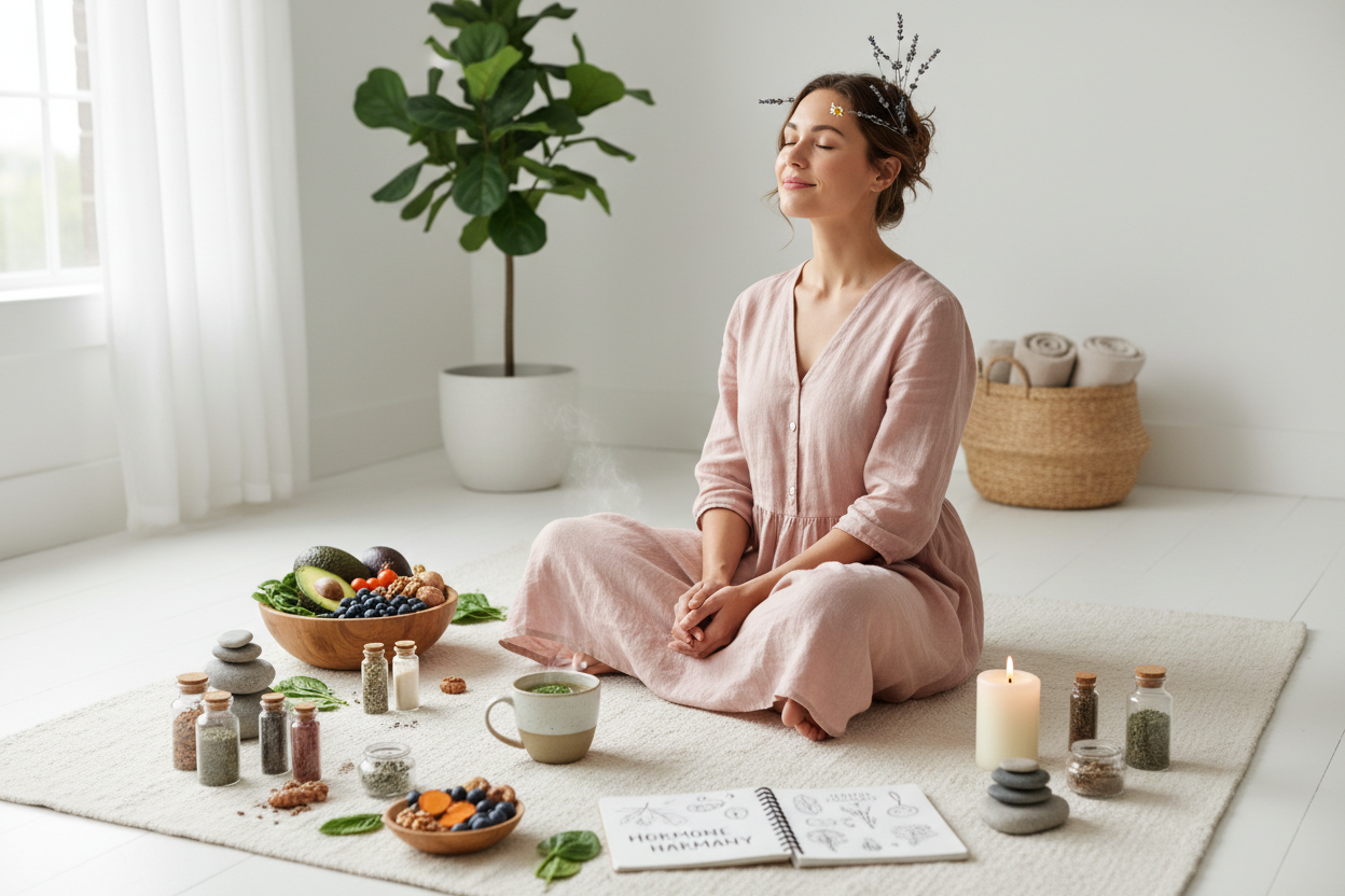 Woman in natural wellness setting showing hormone balance through lifestyle and whole-body support