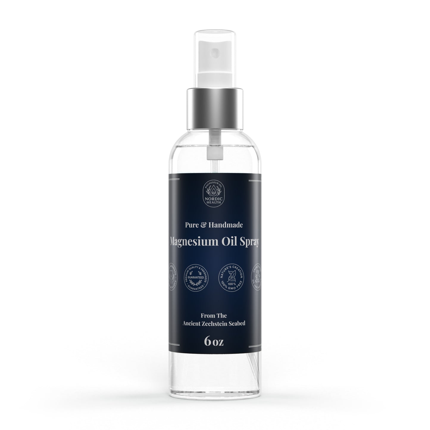 Clear magnesium oil spray bottle with a blue label on a white background