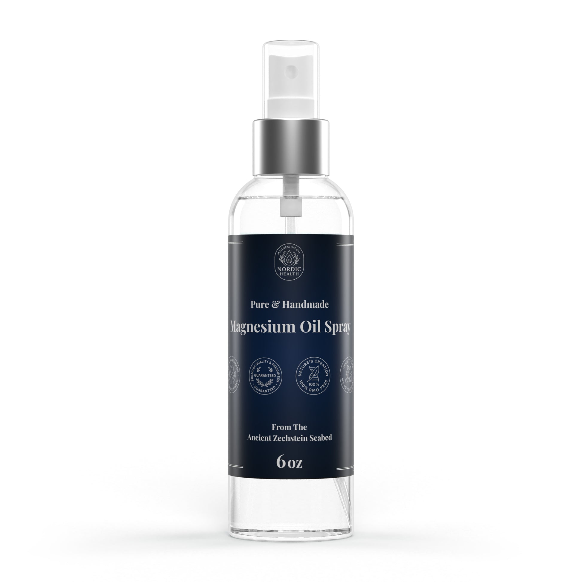 Clear magnesium oil spray bottle with a blue label on a white background