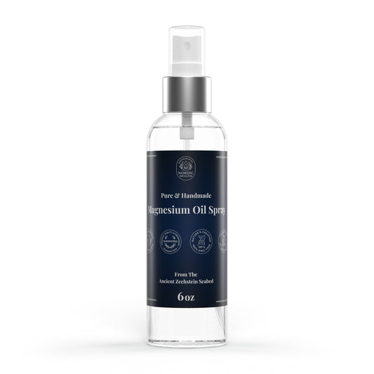 Clear magnesium oil spray bottle with a blue label on a white background
