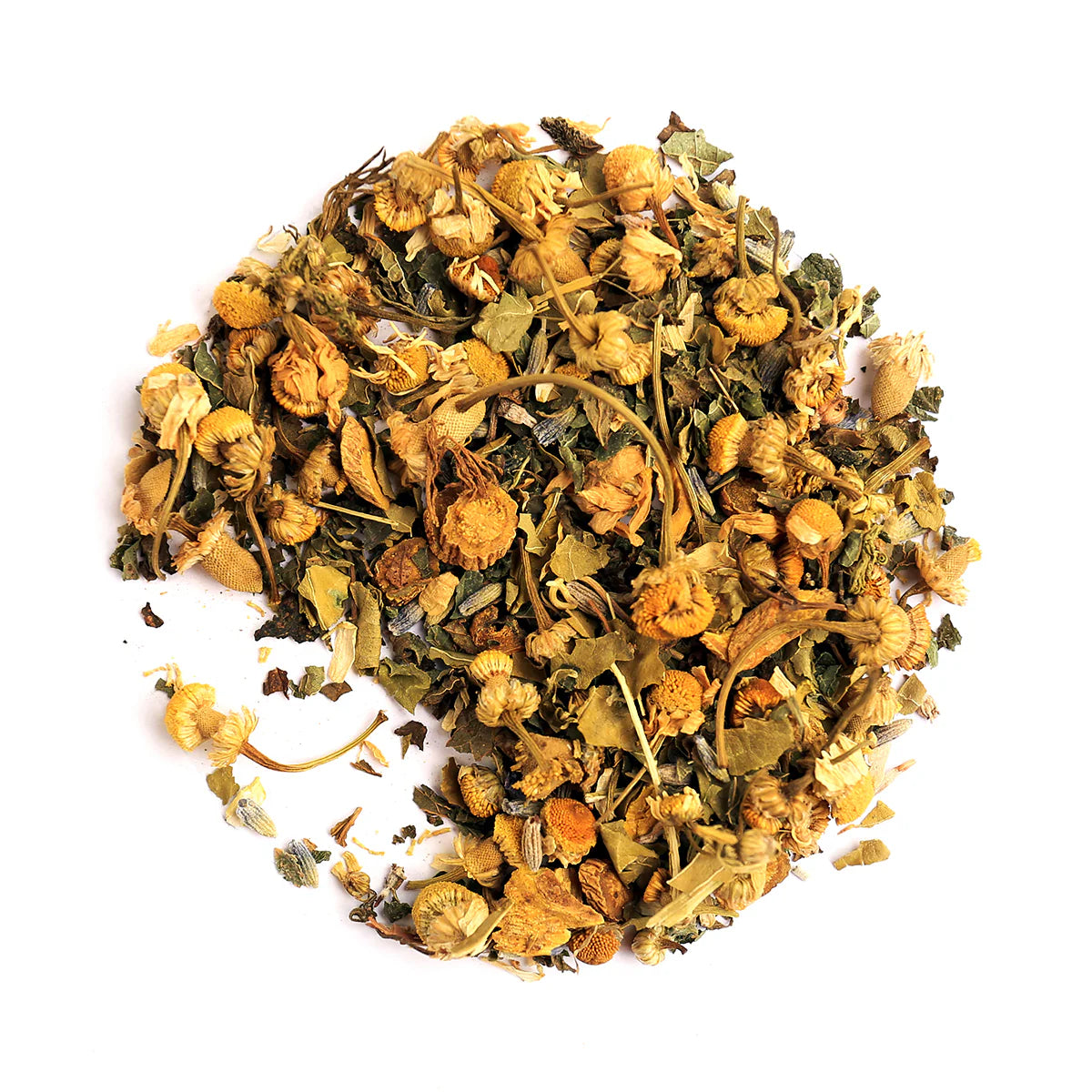 Heap of dried herbs and flowers on a white background