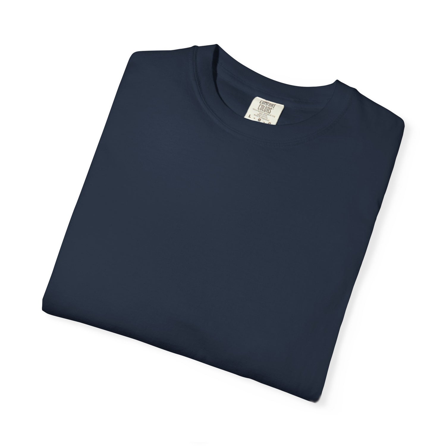 Folded navy blue t-shirt with a label on a white background